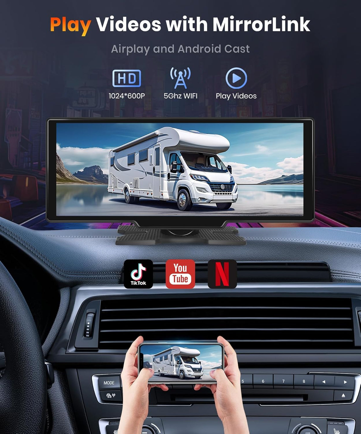 Écran Carplay Sans Fil 7 Pouces Android Auto Tactile - Caméra Avant Et Recul 1080p, Bluetooth, Mirror Link Pour Toutes Voitures