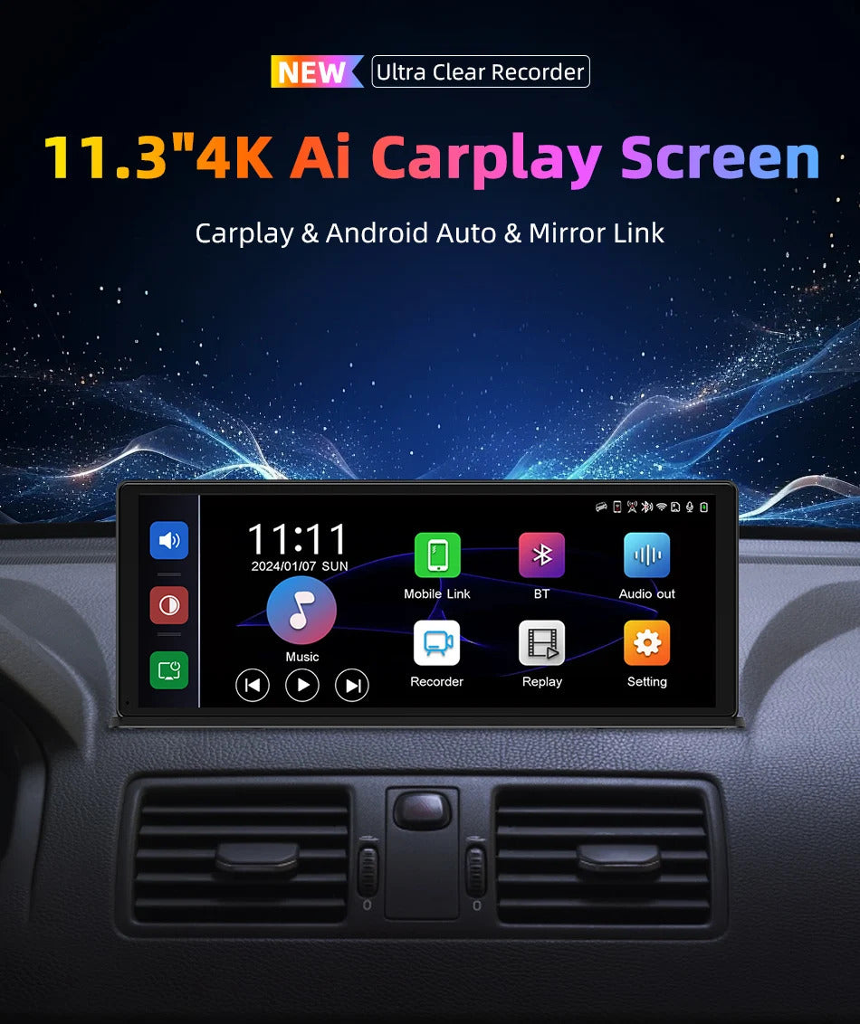 NOEIFEVO 11,3 inch geüpdatete Wireless Carplay scherm voor auto's met 4K Dashcam en 1080p achteruitrijcamera, ondersteuning Apple Carplay & Android Auto autoradio, GPS navigatie/spiegel link/spraakbesturing/FM/Bluetooth