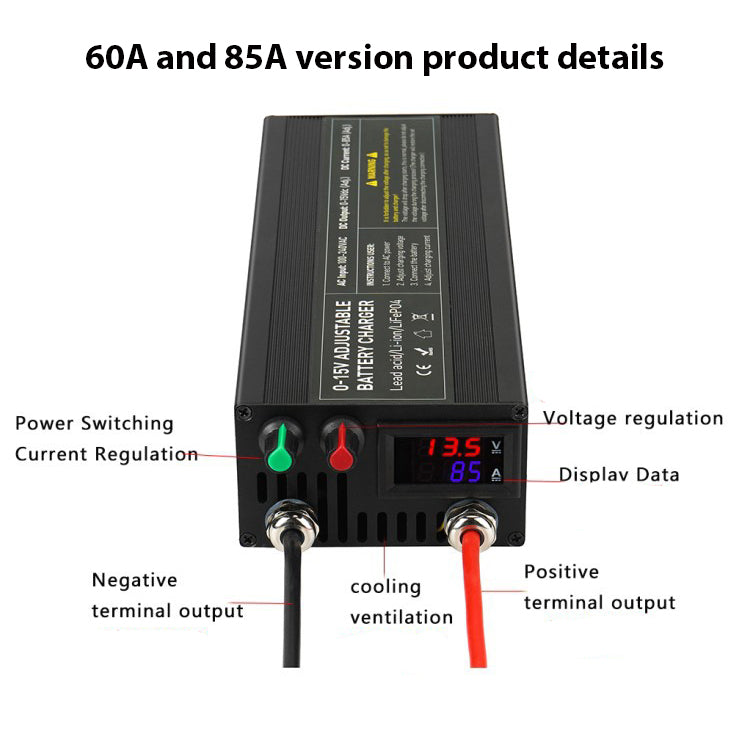 NOEIFEVO à plage de tension et de courant réglable 0-15V 1-60A / 85A batterie de Chargeur , compatible avec les batteries au lithium 3,7V 6V 12V, LiFePO4 et plomb-acide