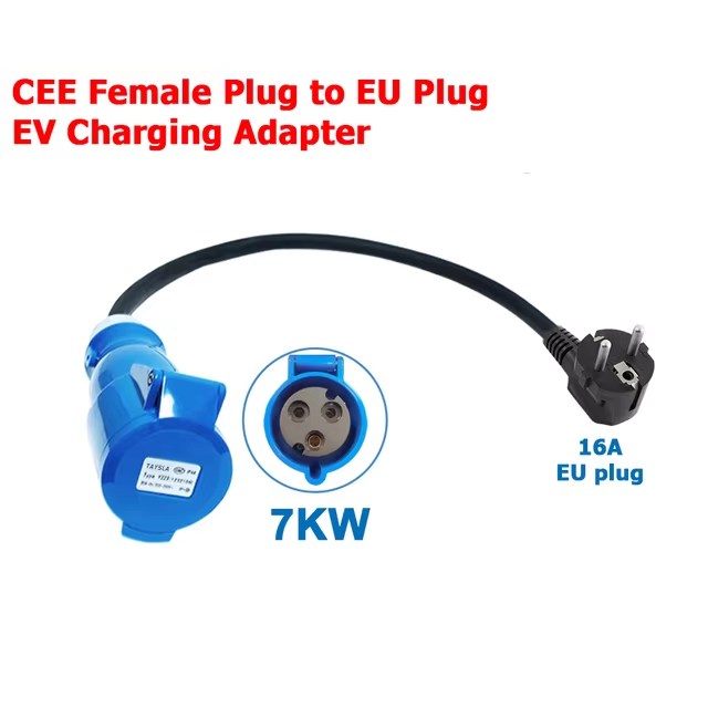 Adaptateur de charge EV, prise industrielle CEE 32A bleue vers prise domestique Schuko, pour chargeurs EV de 7kW 32A