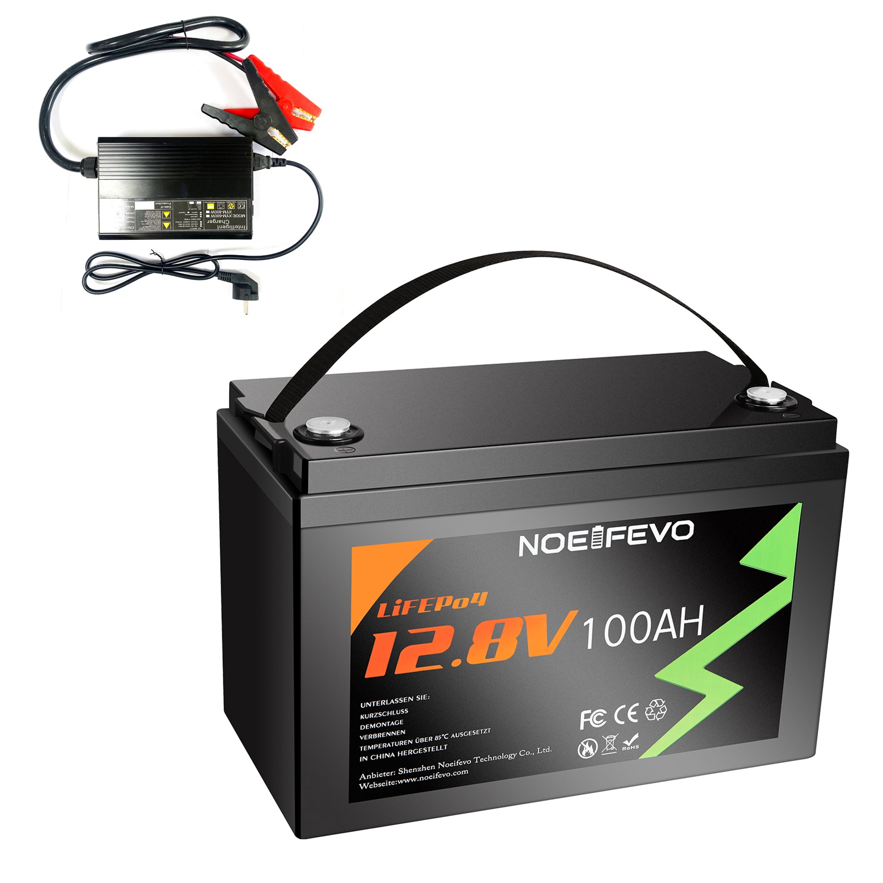 NOEIFEVO 12.8V 100Ah LiFePO4 Batería de Litio, Totalmente cargada en 2 horas con cargador de 14.6V 50A, 4000+ ciclos de carga, , perfecta como fuente de energía para autocaravana, barco.