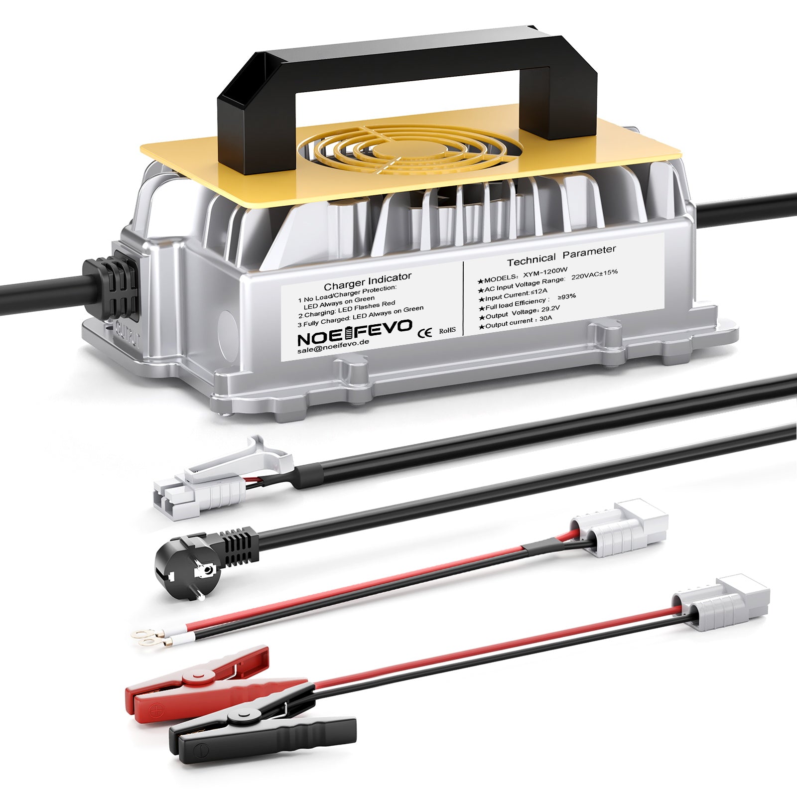 Noeifevo 29,2 V 30 A LiFePO4 akkulaturi 24 V 25,6 V litiumakulle, vedenpitävä, 0 V BMS aktivointi, automaattinen sammutus