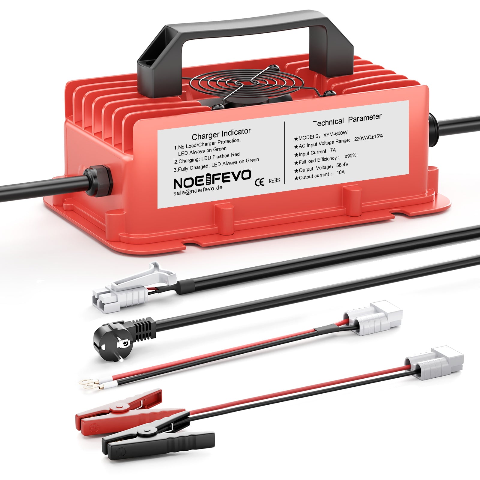 NOEIFEVO 58.4V 10A Lithium LiFePO4 batterijlader voor 51.2V (48V) 16S batterij, waterdicht, automatische uitschakeling met volledige bescherming
​