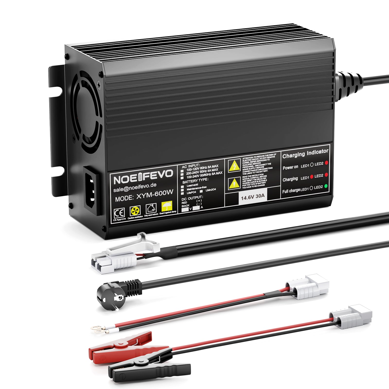 Noeifevo 12V 12.8V 30A LiFePO4  litio de batería de Cargador , voltaje de carga 14.6V, activación BMS 0V, apagado automático, carcasa de aluminio