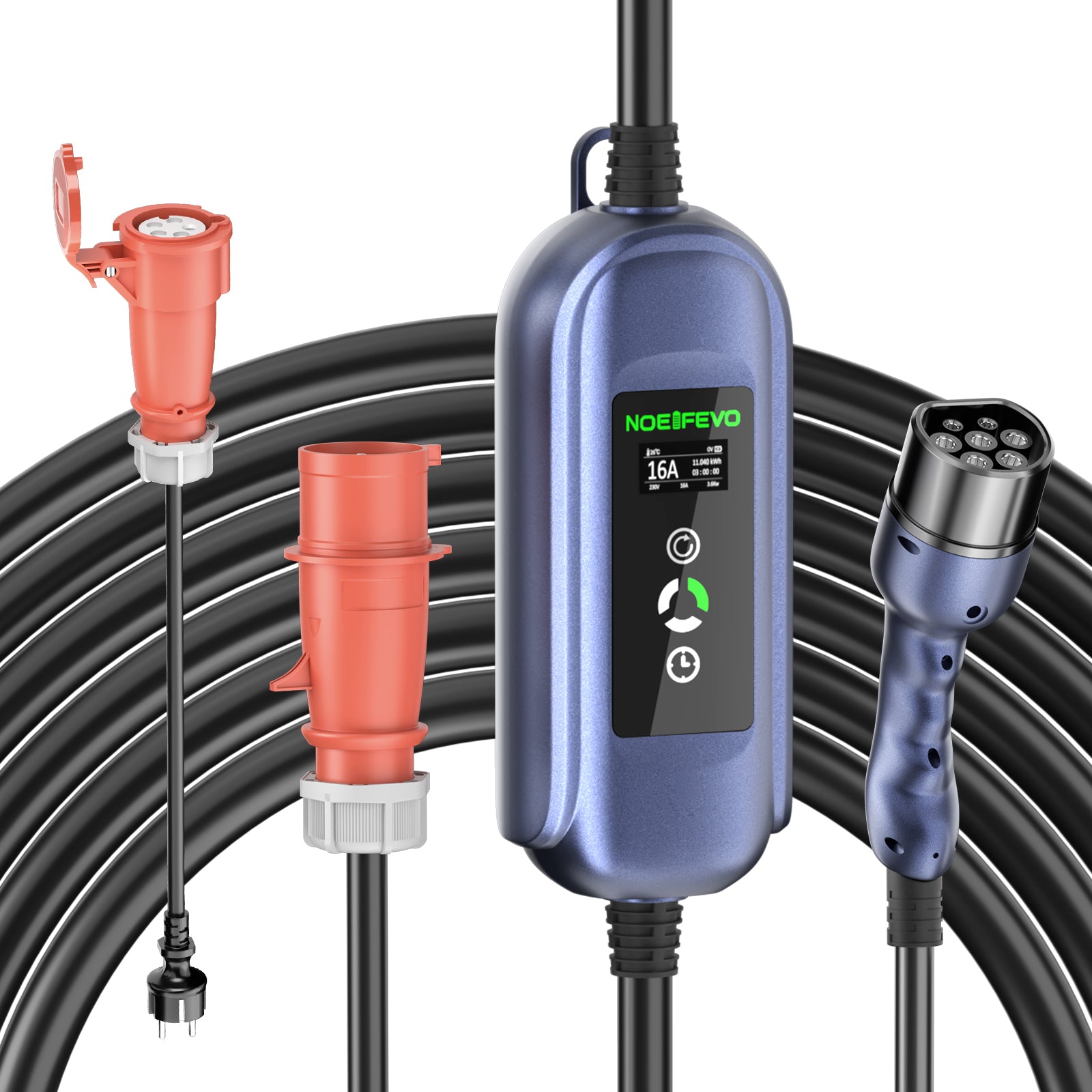 Noeifevo Cargador de batería de coche para todos los vehículos de tipo 2 , 11KW CEE16A 5M/10M/15M Cable de carga rápida de energía