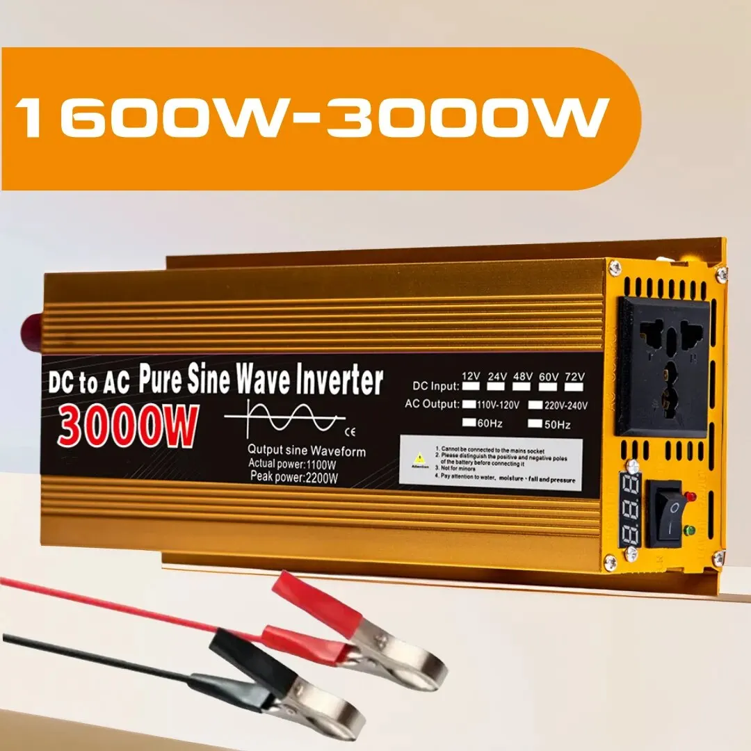 Inverter 24 V til 220 V ren sinus, 800W/3000W DC til AC bærbar spændingsomformer, bil-sol-inverter