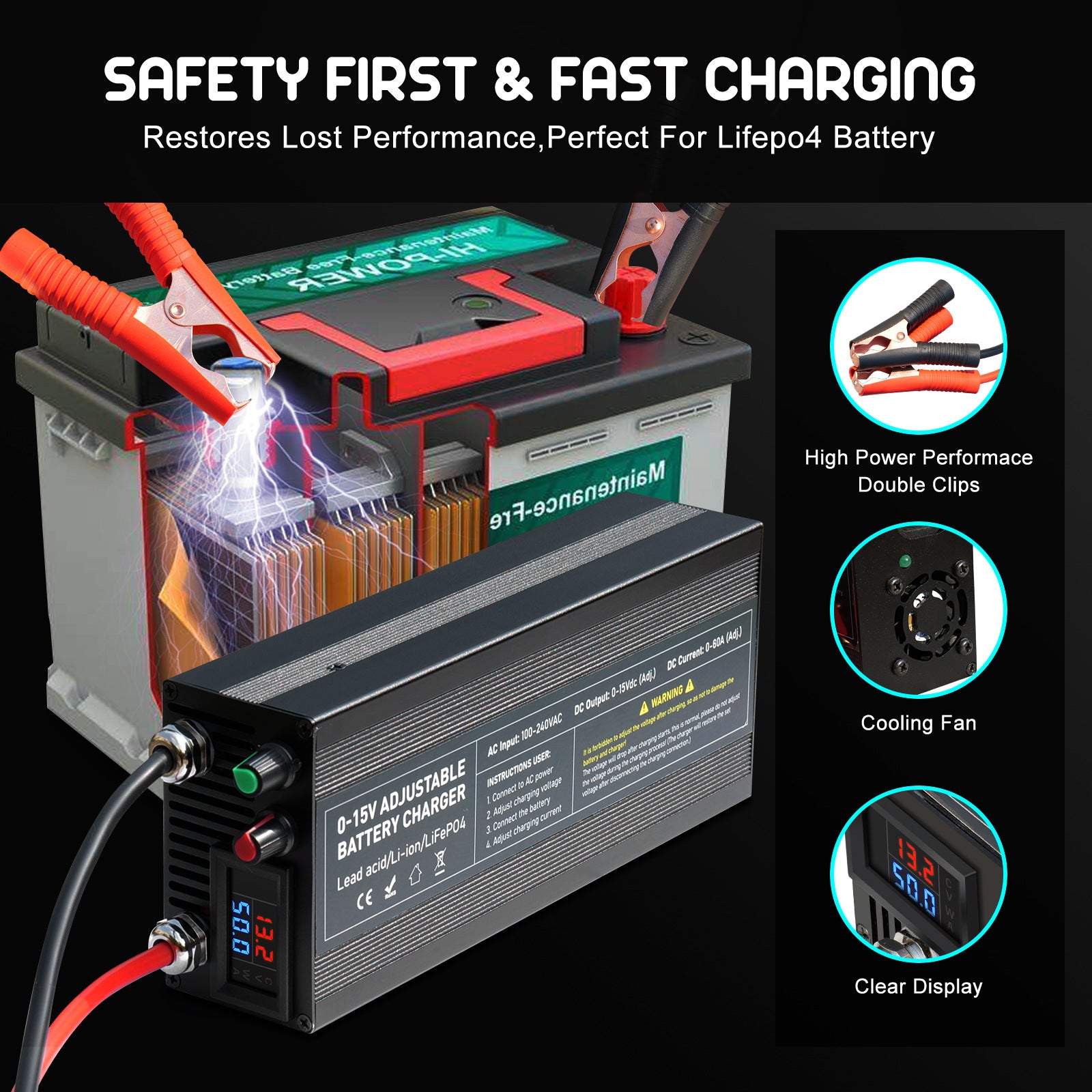 NOEIFEVO à plage de tension et de courant réglable 0-15V 1-60A / 85A batterie de Chargeur , compatible avec les batteries au lithium 3,7V 6V 12V, LiFePO4 et plomb-acide