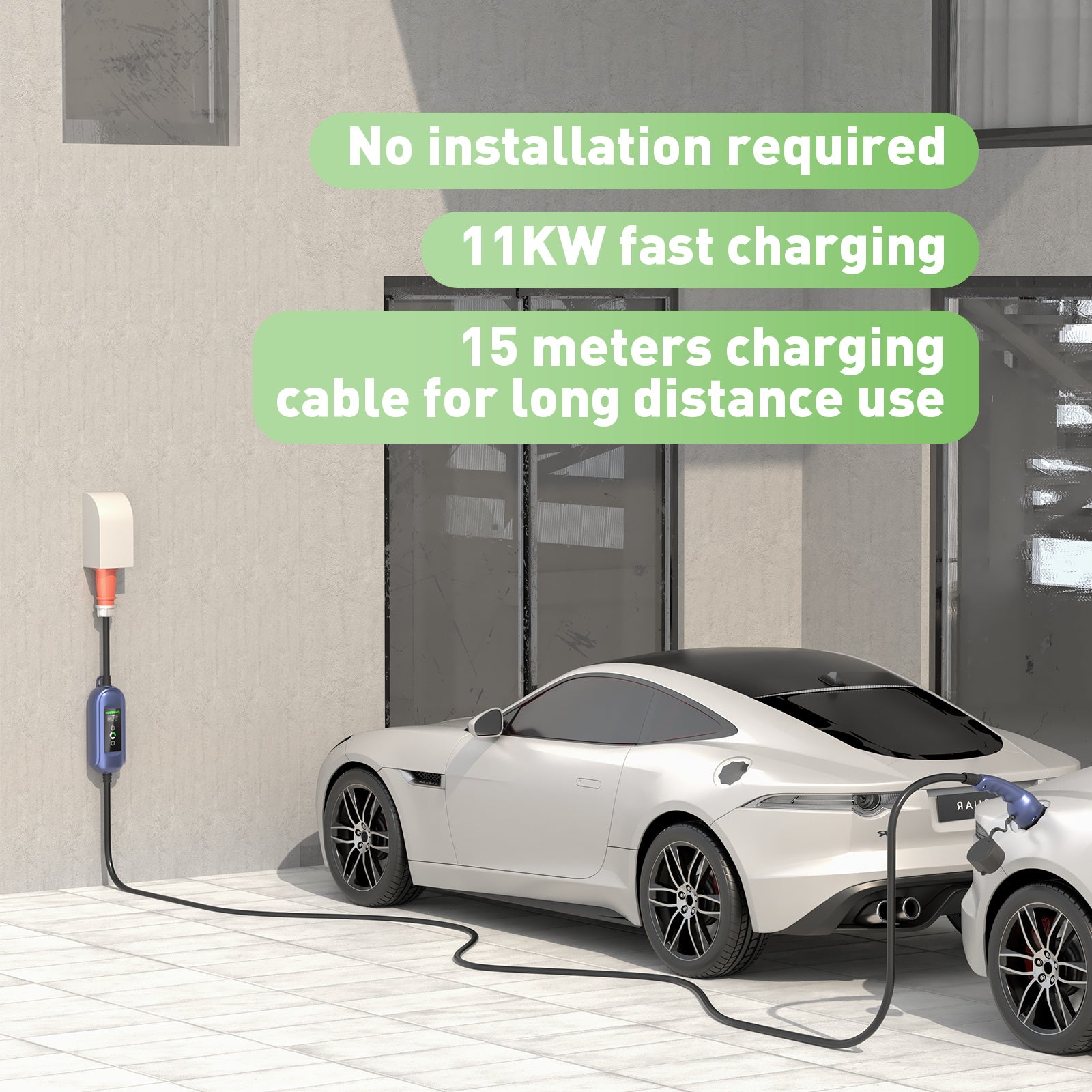 Noeifevo 11KW Caixa de embutir EV móvel, carregador de bateria de automóvel para todos os veículos de tipo 2, 5M/10M/15M, CEE16A