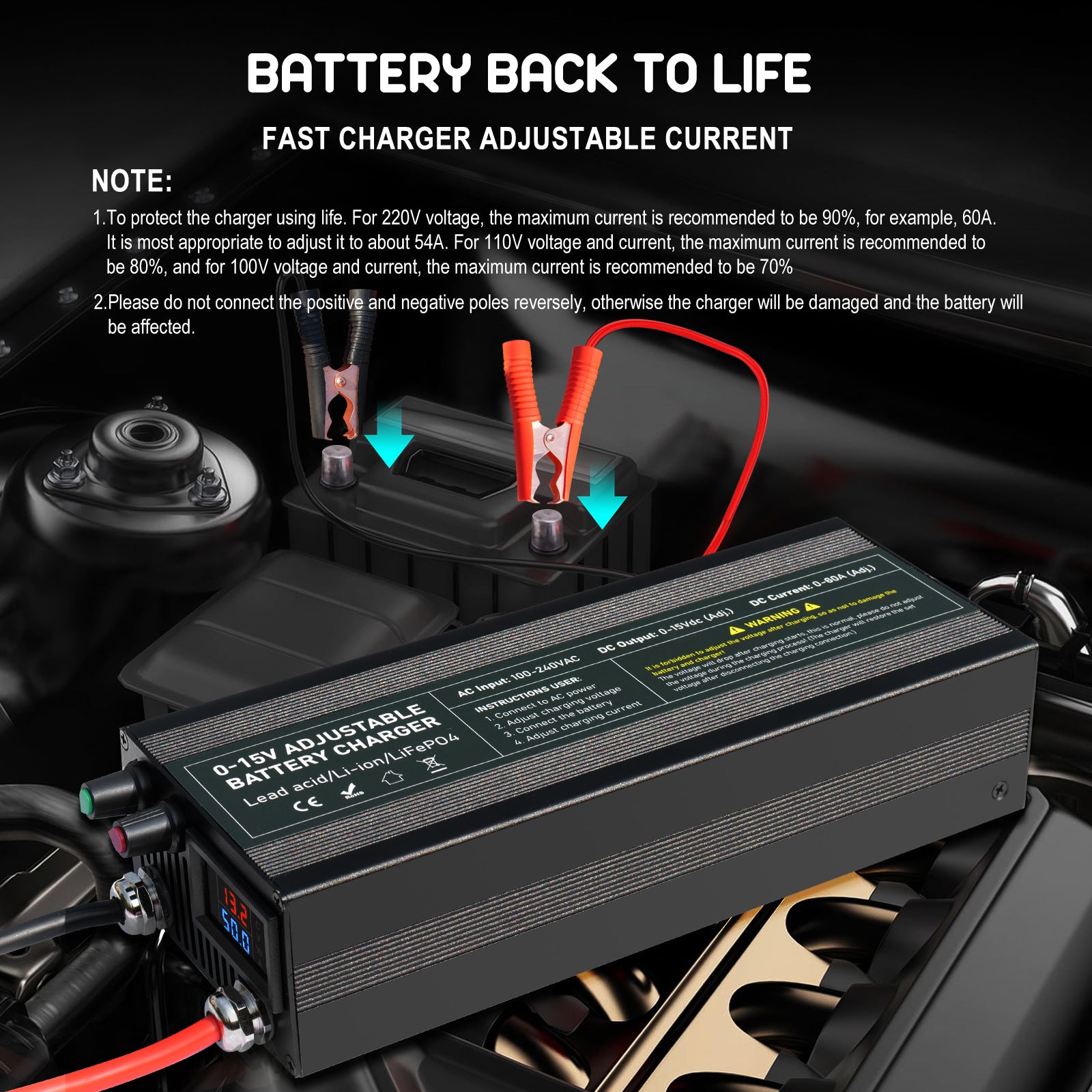 NOEIFEVO à plage de tension et de courant réglable 0-15V 1-60A / 85A batterie de Chargeur , compatible avec les batteries au lithium 3,7V 6V 12V, LiFePO4 et plomb-acide