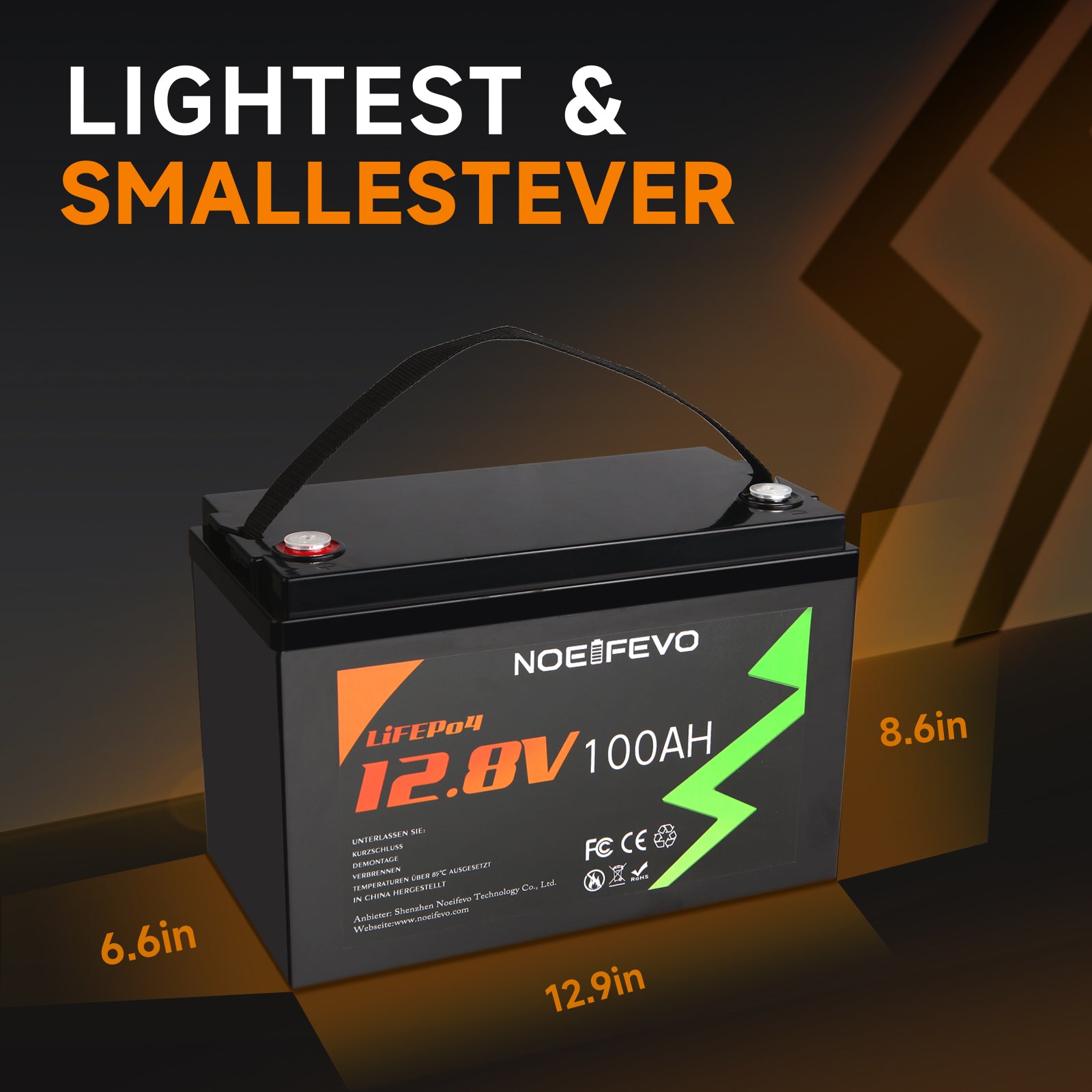 NOEIFEVO 12,8V 100Ah LiFePO4 Lithium Batterij, volledig opgeladen in 2 uur met 14,6V 50A lader, 4000+ laadcycli, perfect als energiebron voor camper, boot.