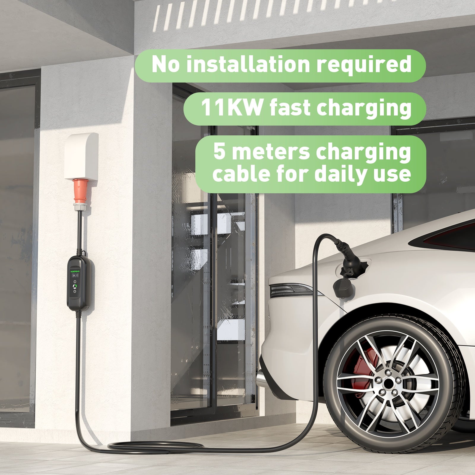 Cabo de carregamento de EV móvel tipo 2 com adaptador Schuko, estação de carregamento de veículos eléctricos trifásicos 11KW 16A 