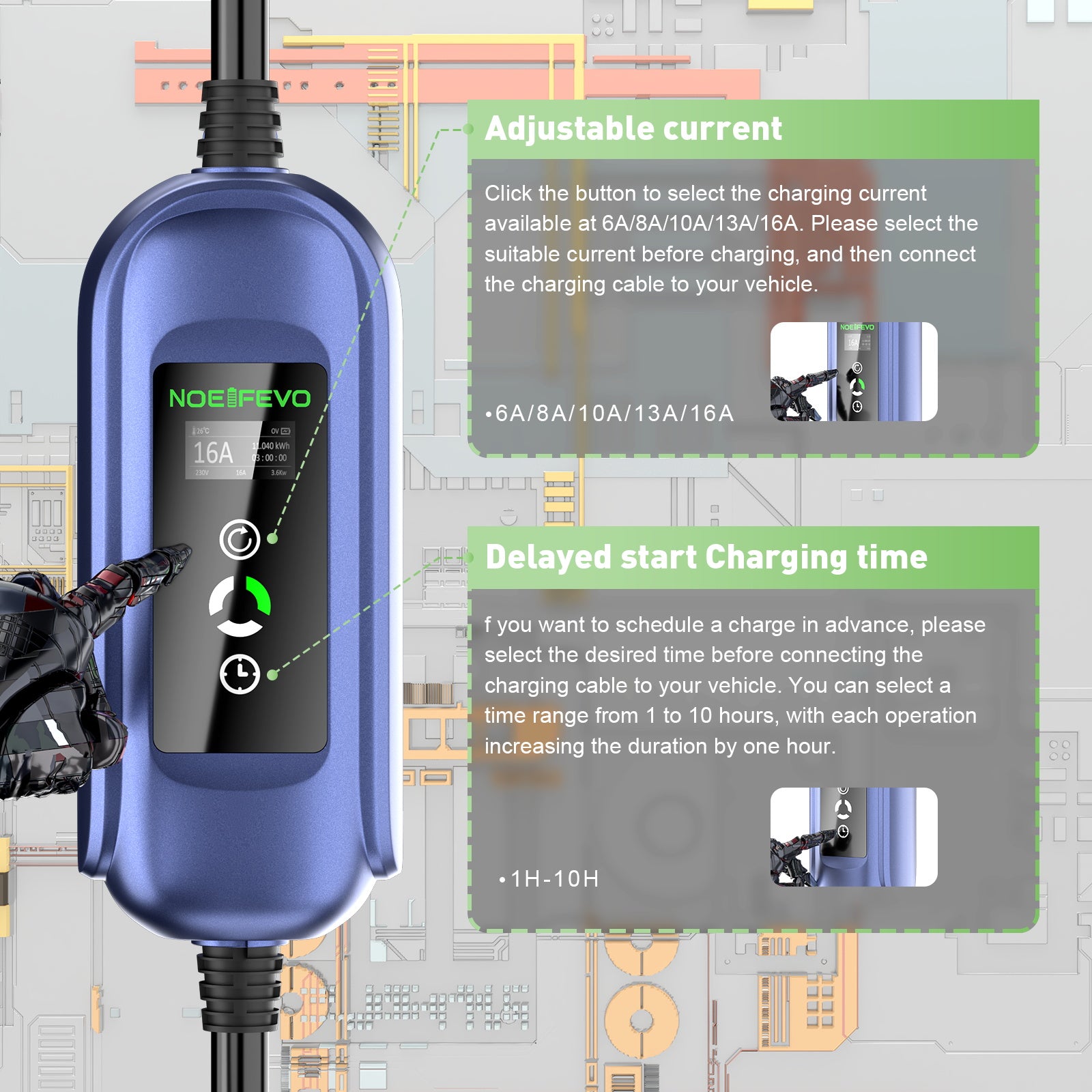 Noeifevo Cargador de batería de coche para todos los vehículos de tipo 2 , 11KW CEE16A 5M/10M/15M Cable de carga rápida de energía