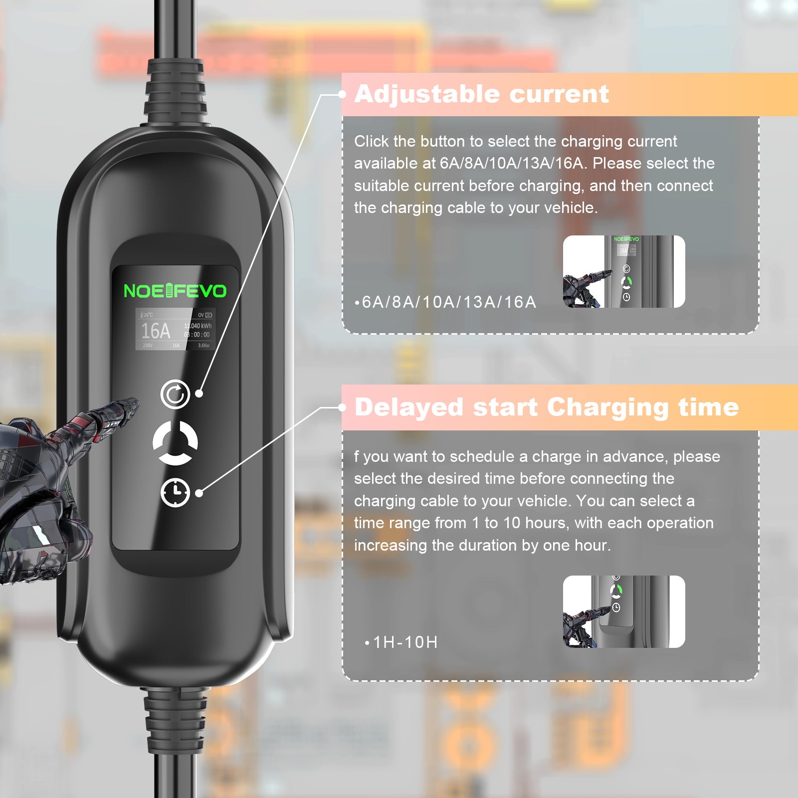 Noeifevo 11KW voiture de batterie de Chargeur,Type2 à CEE16A EV Chargeur avec domestique adaptateur,5m/10/15m