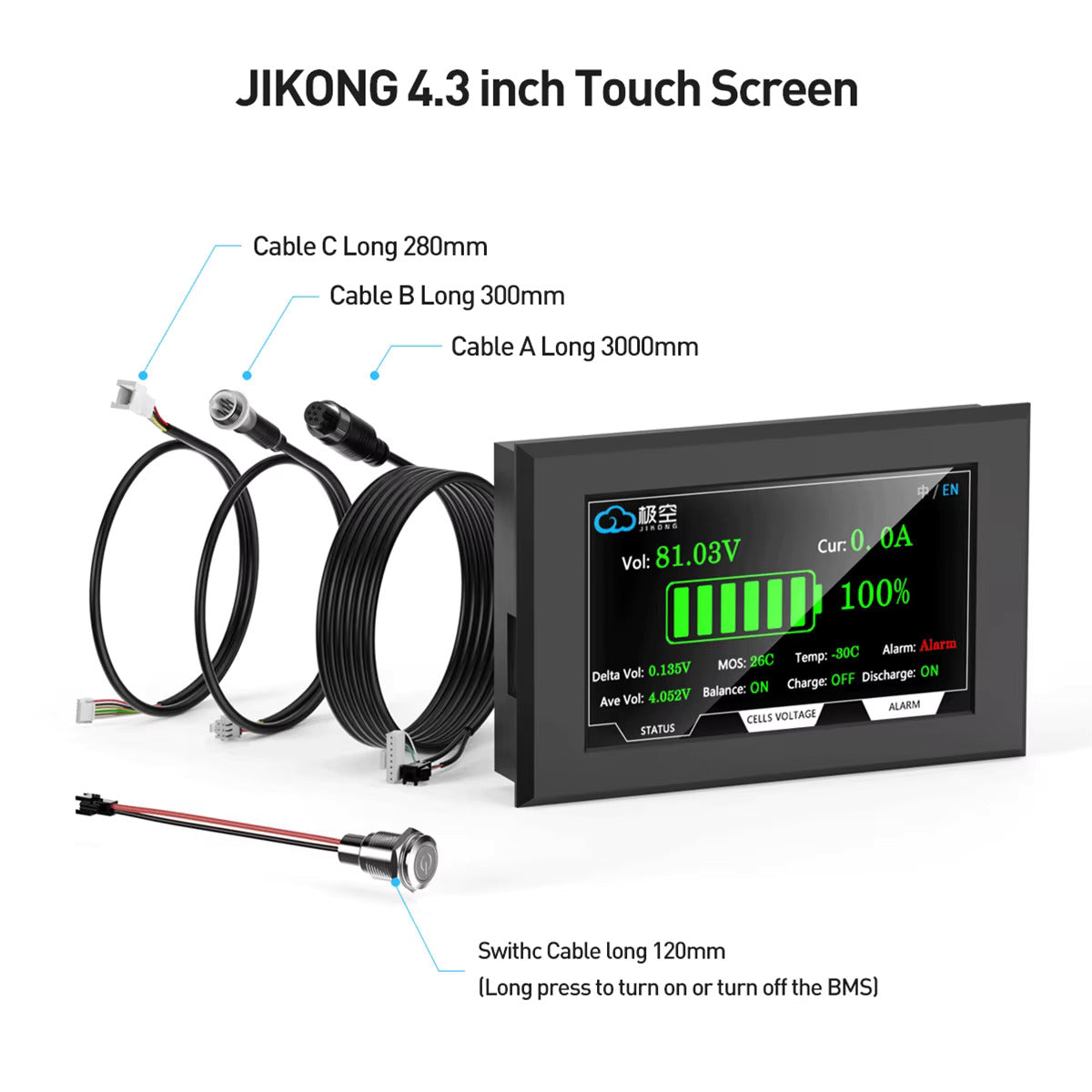 BMS de bateria com display de 4,3 polegadas, BMS ativo inteligente 8S–16S 200A 24V–48V Li-Ion/LiFePO4/LTO, balanceador de energia de bateria de 2A com Bluetooth, CAN/RS485