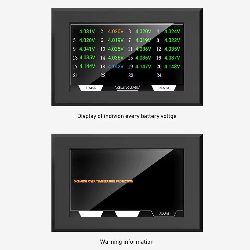 BMS de bateria com display de 4,3 polegadas, BMS ativo inteligente 8S–16S 200A 24V–48V Li-Ion/LiFePO4/LTO, balanceador de energia de bateria de 2A com Bluetooth, CAN/RS485