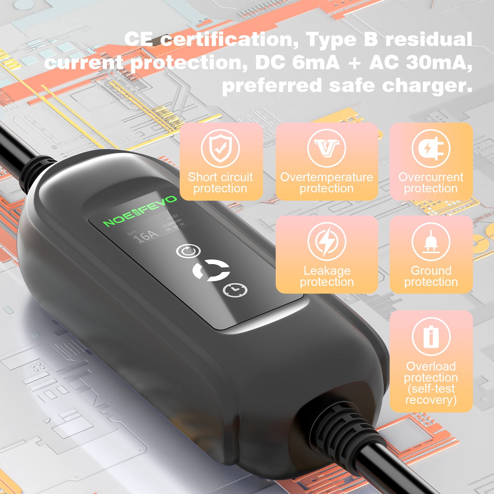 Noeifevo 11KW bilbatterioplader, Type2 til CEE16A EV-oplader med husholdningsadapter, 5m/10/15m