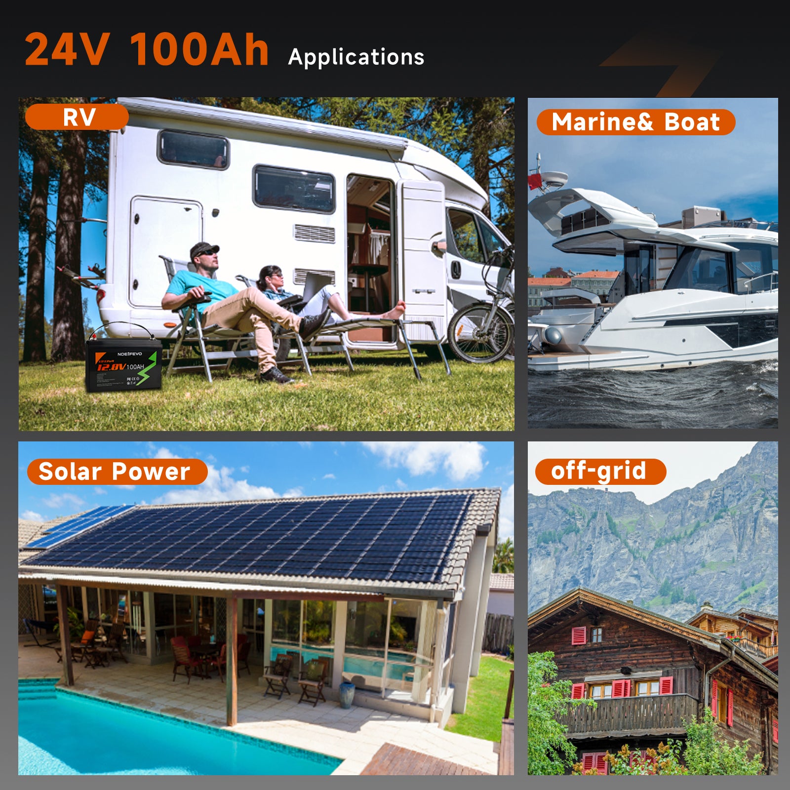 NOEIFEVO 12.8V 100Ah LiFePO4 Lithium Battery, entièrement chargé en 2 heures avec un chargeur 14.6V 50A, 4000+ cycles de charge, , parfait comme source d'énergie pour le camping-car, le bateau.