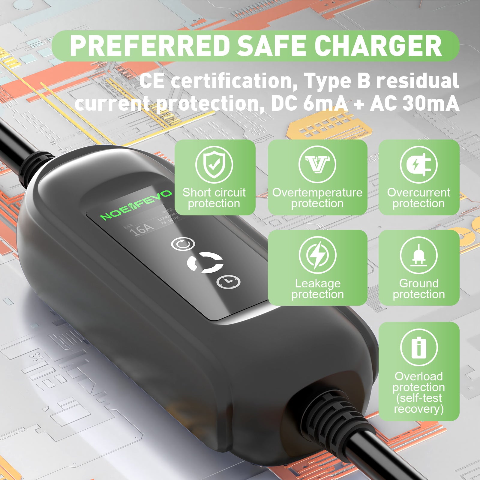 Noeifevo Power Fast Charging Cable 11kW 16A Type 2 to CEE EV Charger 5m/10m/15m