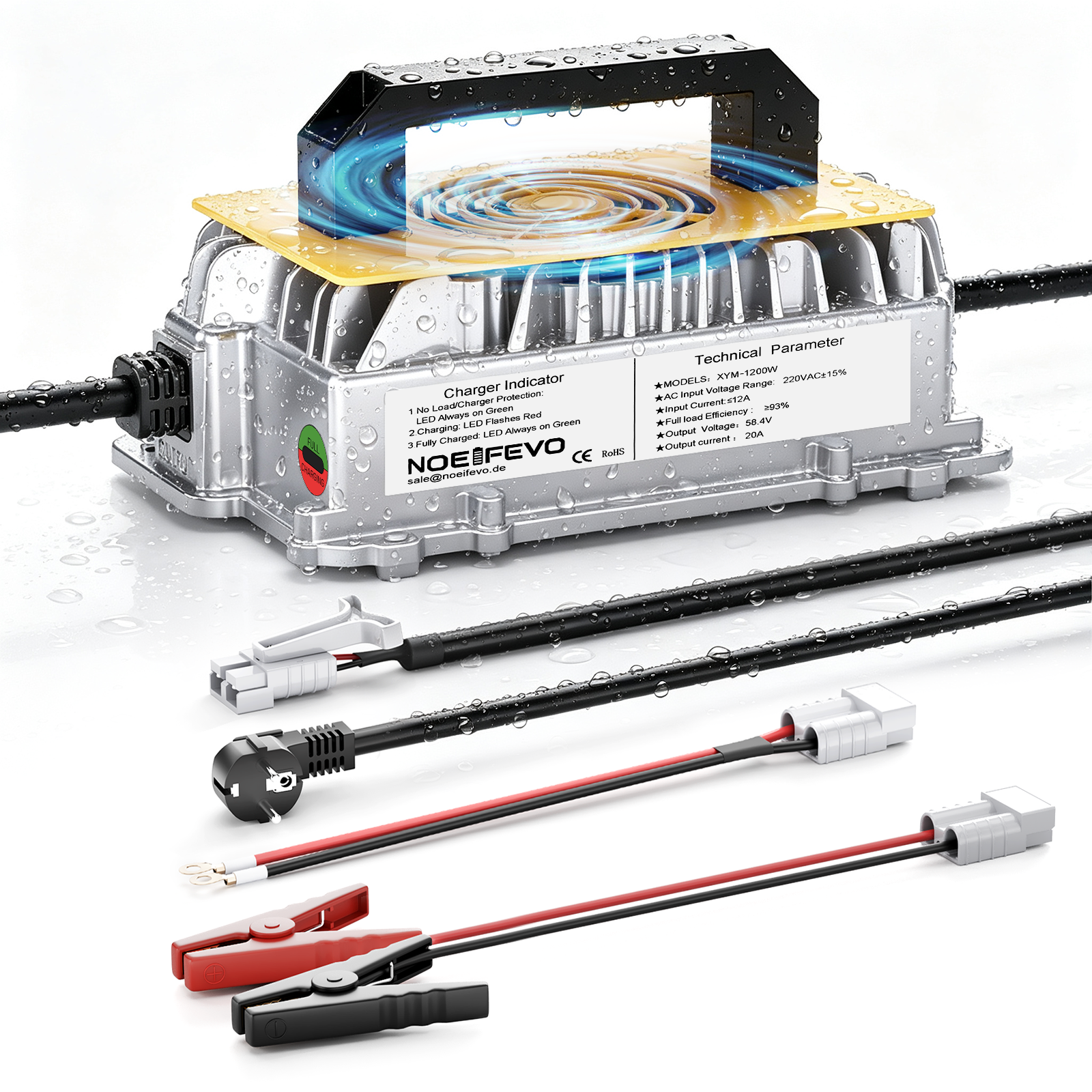 NOEIFEVO 58.4V 20A Lithium Lifepo4 batteriladdare för 48V (51.2V)16S batteri, vattentät, 0 V BMS aktivering, automatisk avstängning med fullt skydd