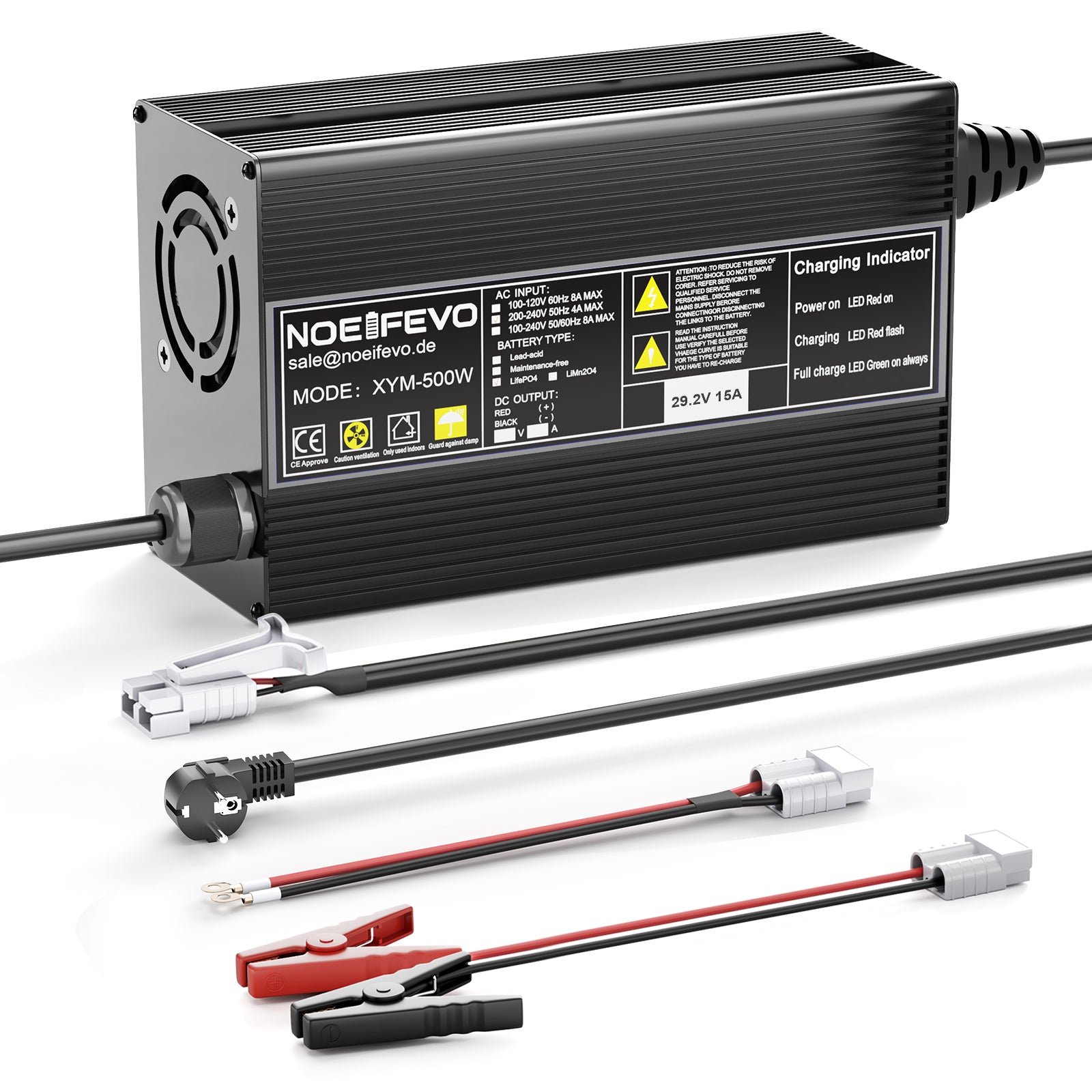 Noeifevo 29,2V 20A LiFePO4 nabíječka baterií pro 24V 25,6V lithiovou baterii, 0V BMS Activate, automatické vypnutí s plnou ochranou