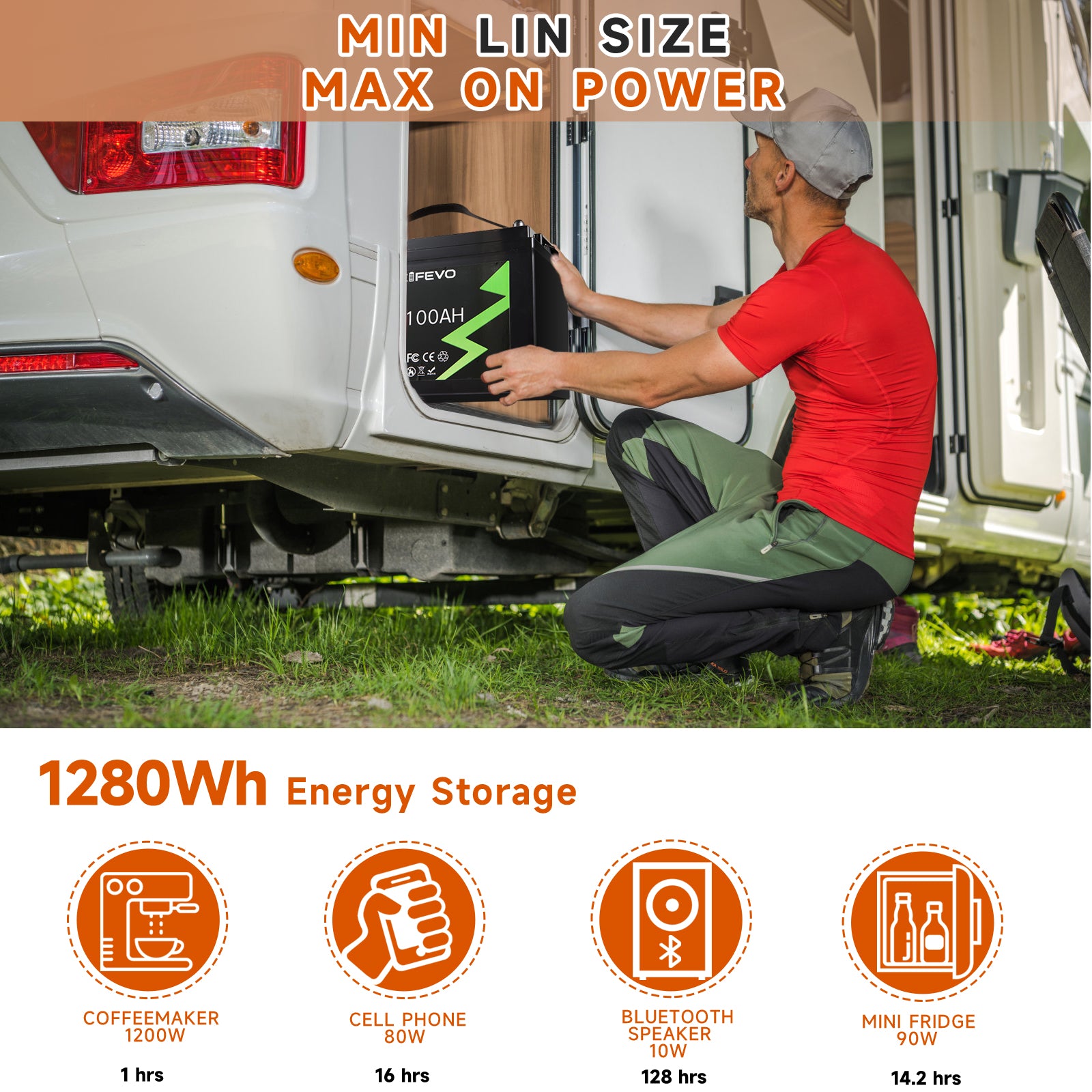 NOEIFEVO 12.8 V 100Ah LiFePO4 lithium batteri, fuldt opladet på 2 timer med 14,6 V 50 A oplader, 4000+ opladningscyklusser, perfekt som strømkilde til autocamper og båd.