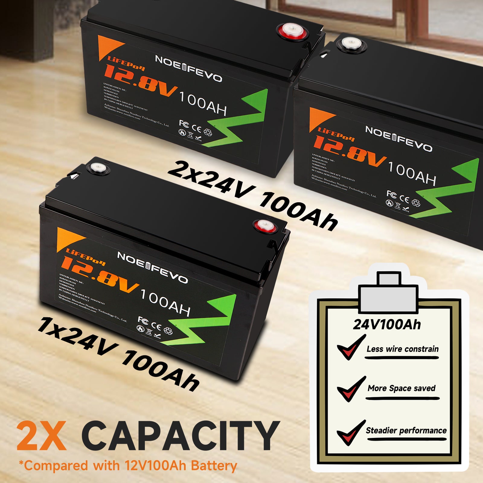 NOEIFEVO 12.8V 100Ah LiFePO4 Lithium Battery, entièrement chargé en 2 heures avec un chargeur 14.6V 50A, 4000+ cycles de charge, , parfait comme source d'énergie pour le camping-car, le bateau.