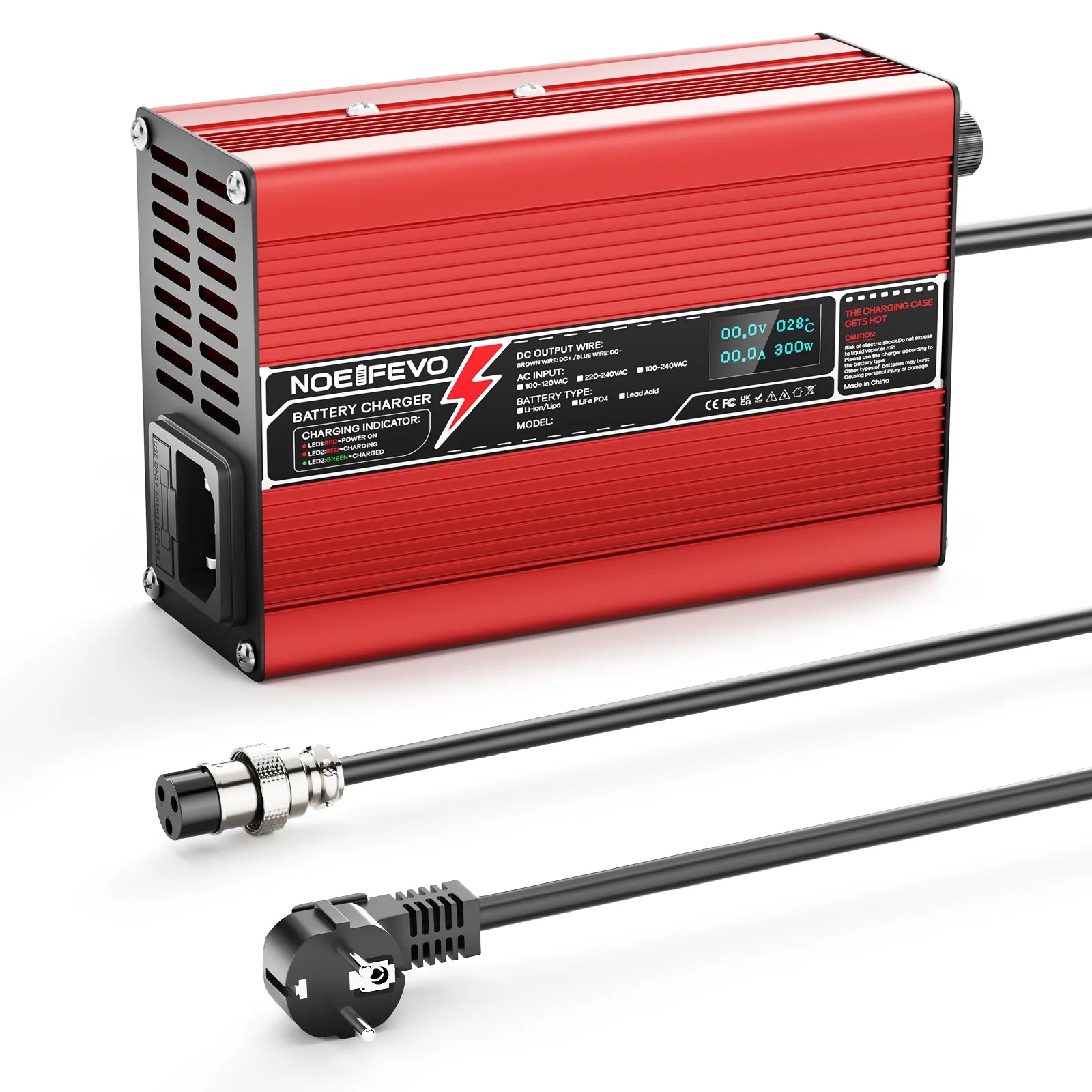 NOEIFEVO 37V 6A 10S Lithium-batterijoplader, Uitgangsspanning 42V, LED-display, voor E-bike, scooter, boot en auto