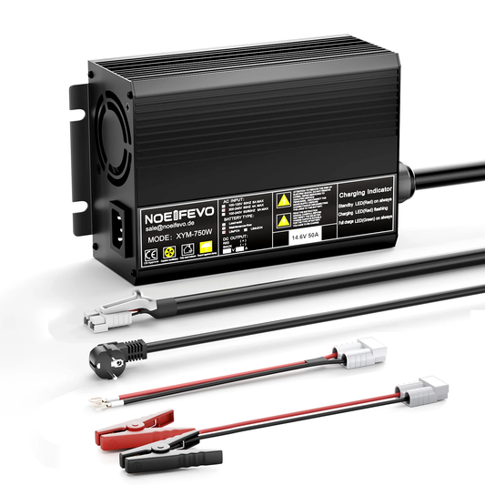 Noeifevo 14,6V 50A Rychlá nabíječka lithiových baterií LiFePO4 pro 12V (12,8V) LiFePO4 baterii, 0V BMS aktivace, automatické vypnutí s plnou ochranou