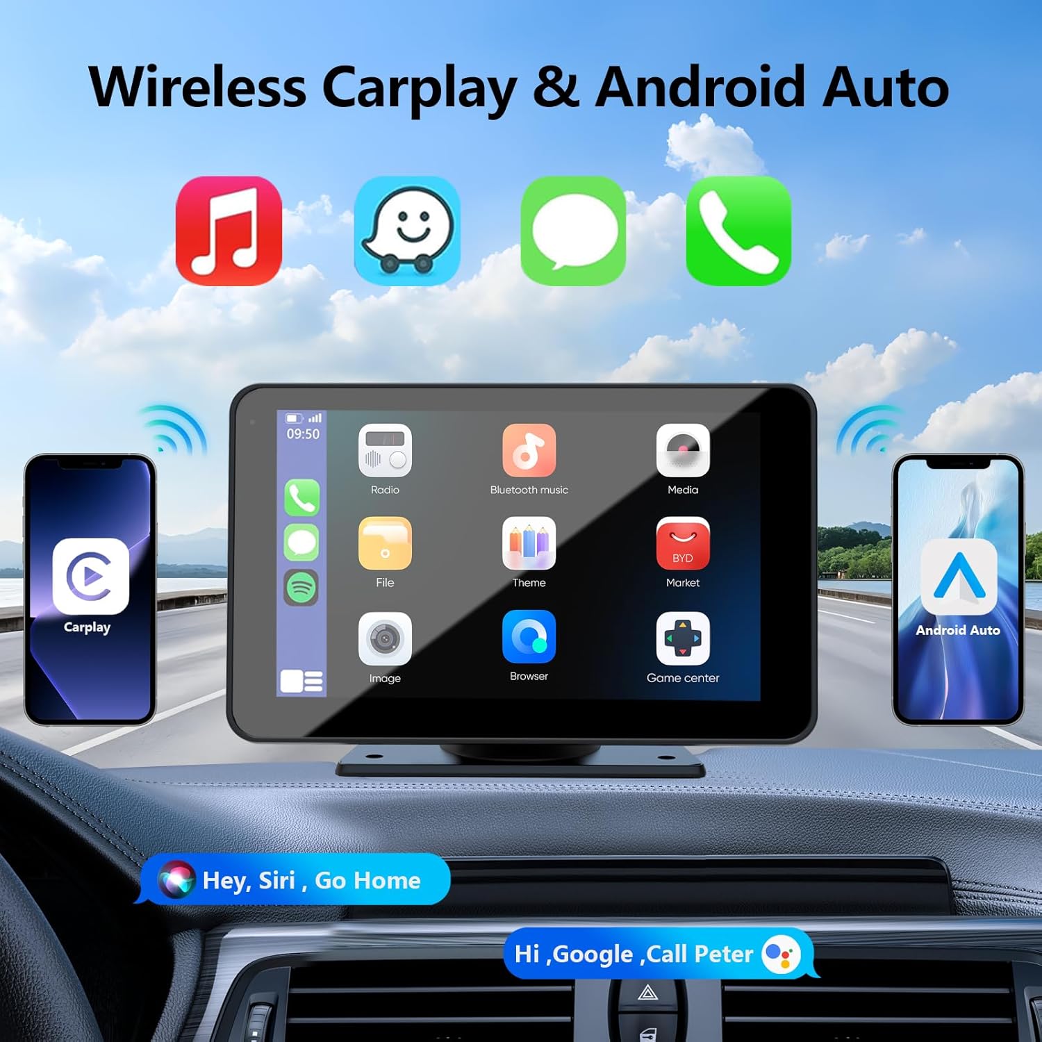 Bezdrôtové CarPlay pre vozidlá, 7" HD prenosný auto stereo dotykový displej s Apple CarPlay, Android Auto, cúvacou kamerou, auto audio prijímačom s hlasovým ovládaním, Mirror Link, Bluetooth, GPS navigáciou.