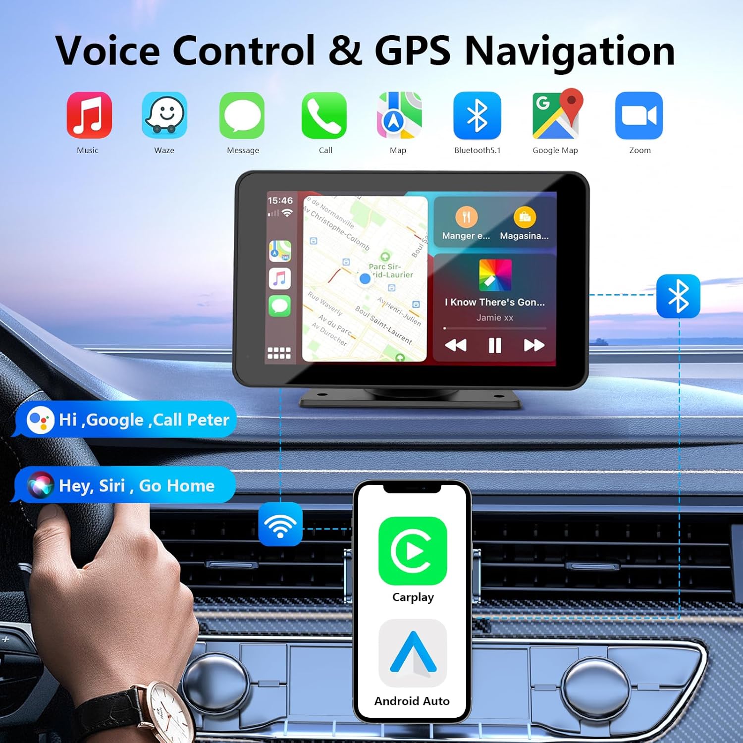 Bezdrôtové CarPlay pre vozidlá, 7" HD prenosný auto stereo dotykový displej s Apple CarPlay, Android Auto, cúvacou kamerou, auto audio prijímačom s hlasovým ovládaním, Mirror Link, Bluetooth, GPS navigáciou.