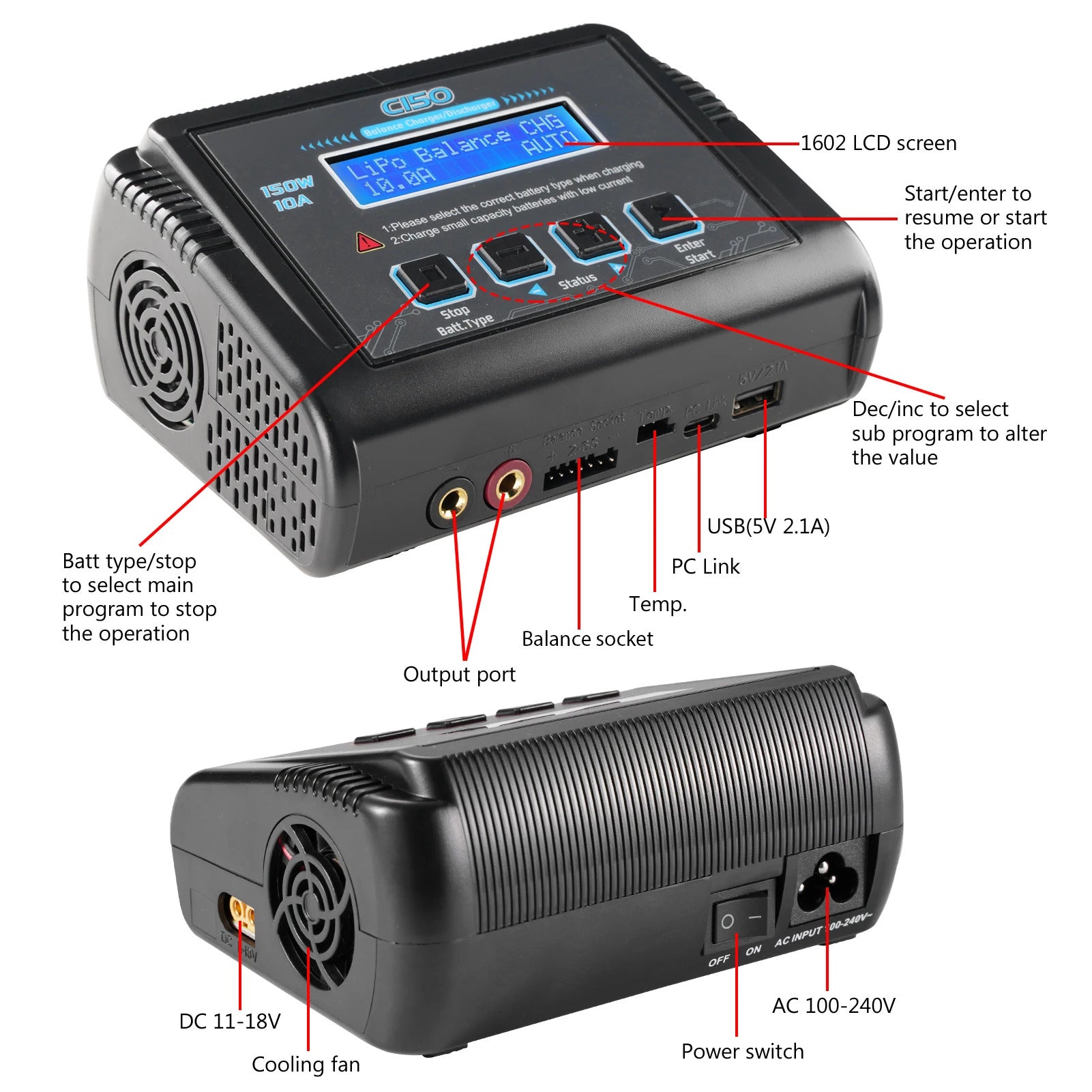 NOEIFEVO C150 Chargeur équilibré RC AC/DC 150W 10A Déchargeur pour batteries LiPo, LiHV, LiFe, LiIon, NiCd, NiMh, Pb