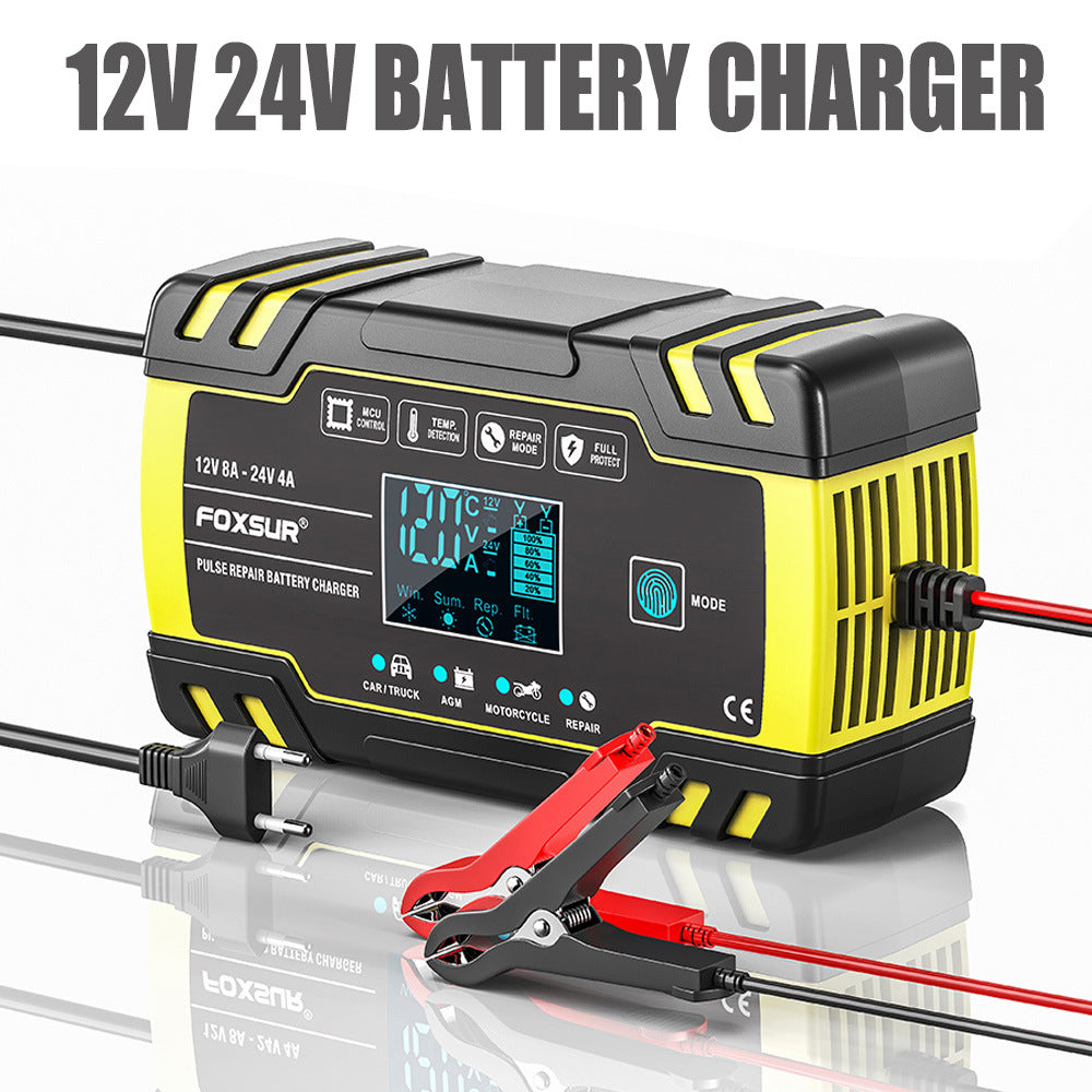 12V 8A / 24V 4A bilbatteriladdare, pulsladdare för reparation för alla 12V och 24V blysyra-, AGM-, GEL- och djupcykliska batterier