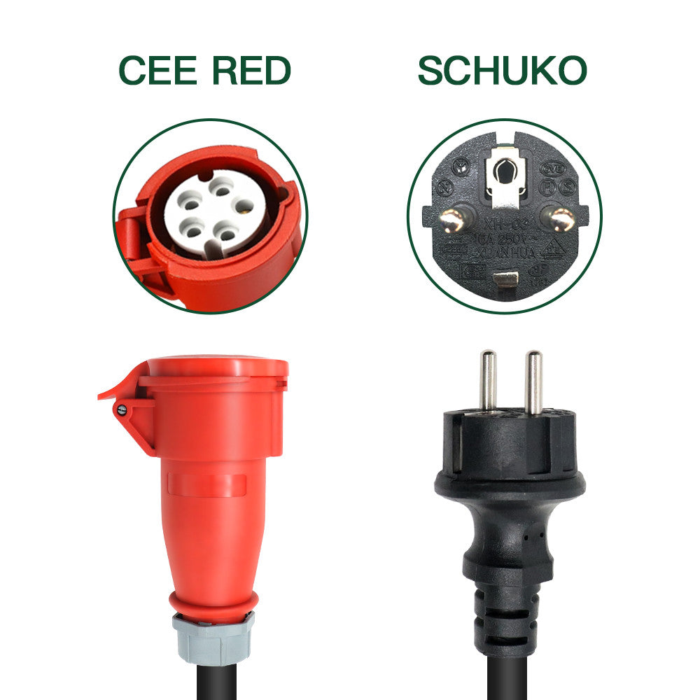 CEE 16A 5 Pin femelle à EU Schuko mâle, adaptateur Schuko pour chargeur EV 11KW 16A 3 phases