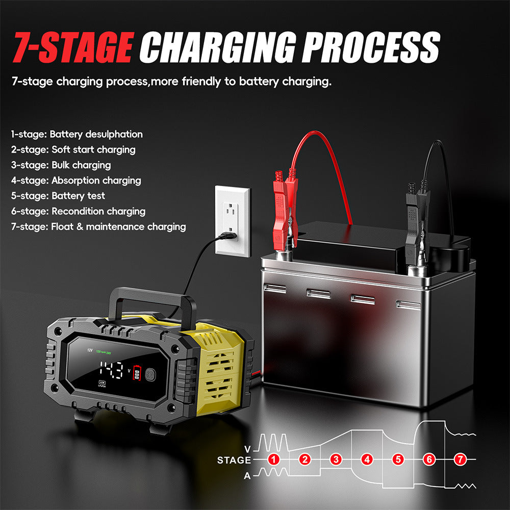 NOEIFEVO Chargeur de batterie 10A pour voiture, chargeur 12V 24V LiFePO4, chargeur de batterie intelligent pour automobile, camion, moto, tondeuse à gazon avec équilibrage de température