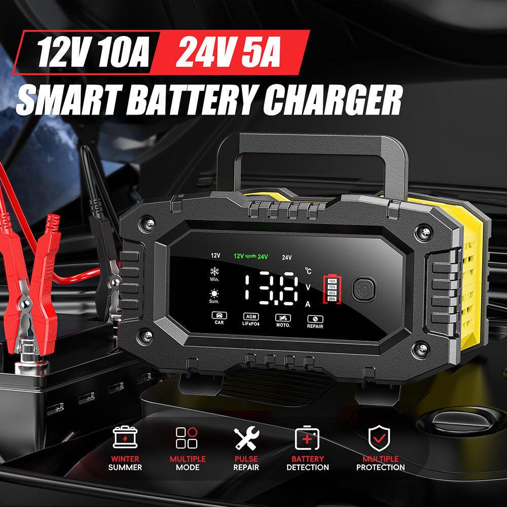 NOEIFEVO Chargeur de batterie 10A pour voiture, chargeur 12V 24V LiFePO4, chargeur de batterie intelligent pour automobile, camion, moto, tondeuse à gazon avec équilibrage de température