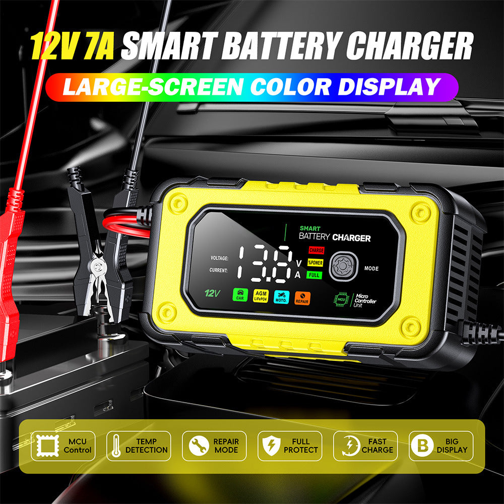 NOEIFEVO 7A Chargeur de batterie de voiture, chargeur automatique intelligent 12V avec compensation de température pour voitures, camions, motos, tondeuses à gazon, bateaux et batteries marines