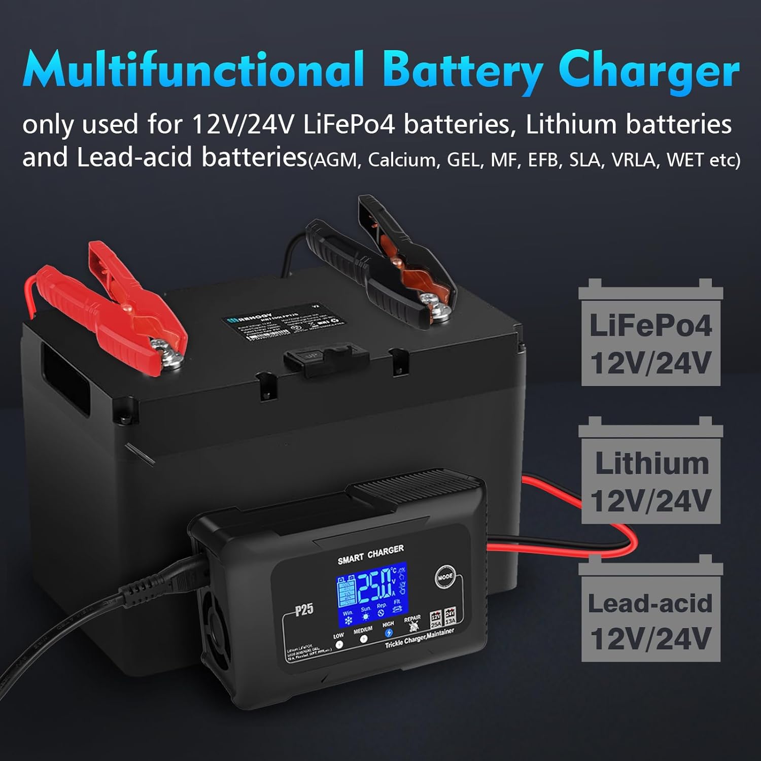 NOEIFEVO 25A voiture de batterie de Chargeur ,chargeur de maintien 12V 25A/24V 13A pour voiture, moto, tondeuse à gazon, bateau, lithium, LiFePO4 et plomb-acide (AGM, GEL, MF, EFB, SLA, VRLA)