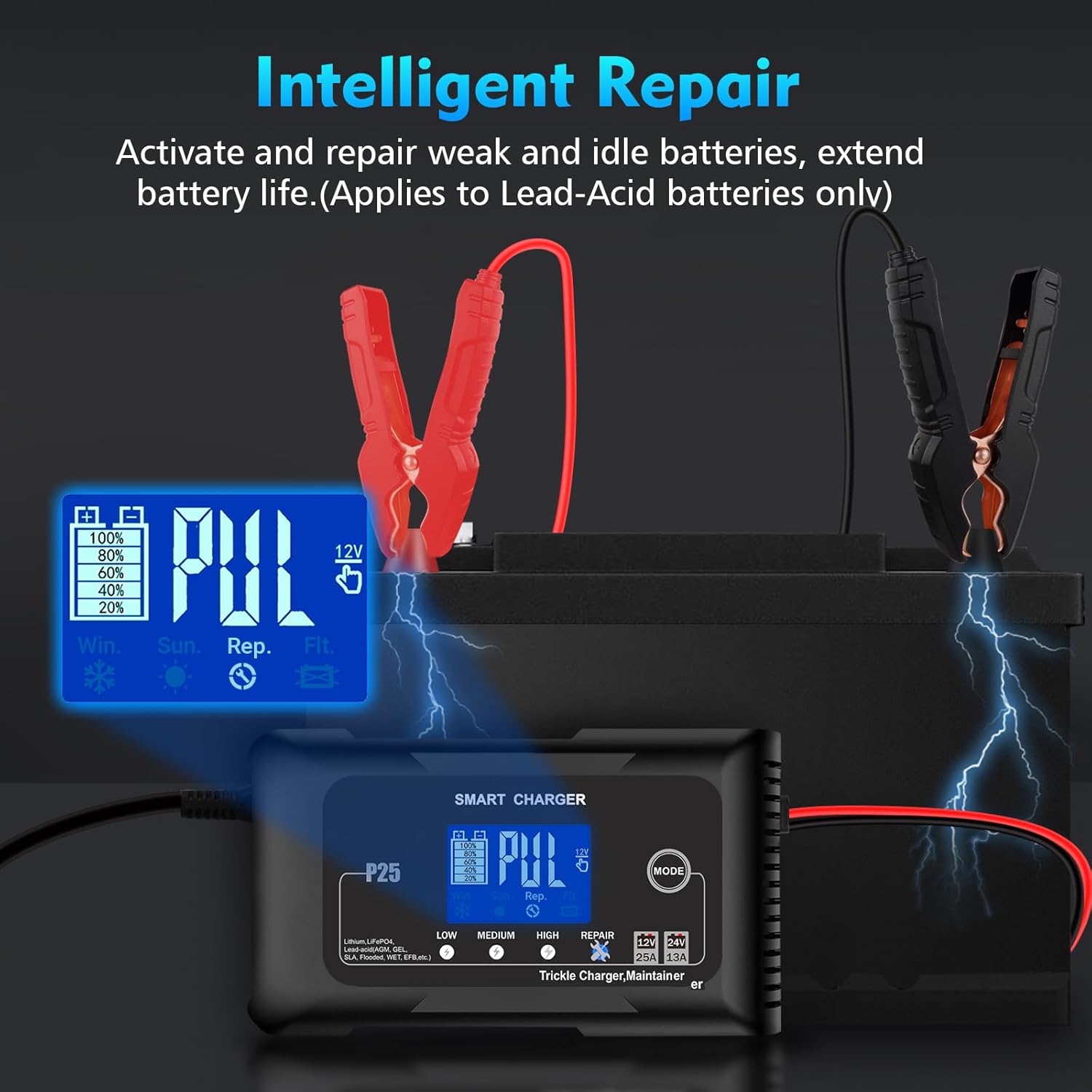 NOEIFEVO 25A voiture de batterie de Chargeur ,chargeur de maintien 12V 25A/24V 13A pour voiture, moto, tondeuse à gazon, bateau, lithium, LiFePO4 et plomb-acide (AGM, GEL, MF, EFB, SLA, VRLA)