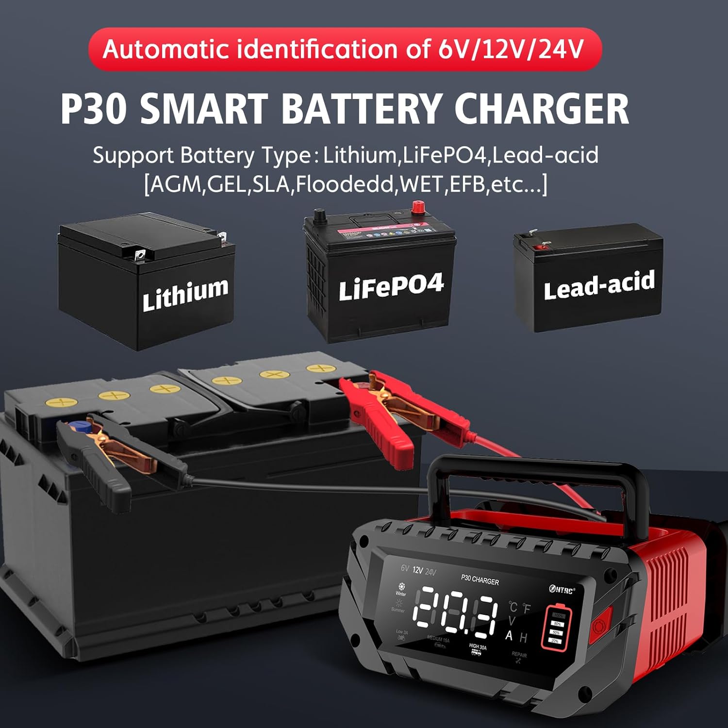 NOEIFEVO Chargeur de batterie intelligent 6V 10A/12V 30A/24V 16A pour batteries de voiture, moto, tondeuse à gazon, bateau, compatible avec les batteries lithium, LiFePO4 et plomb-acide (AGM, Gel, MF, EFB, SLA, VRLA, humide)