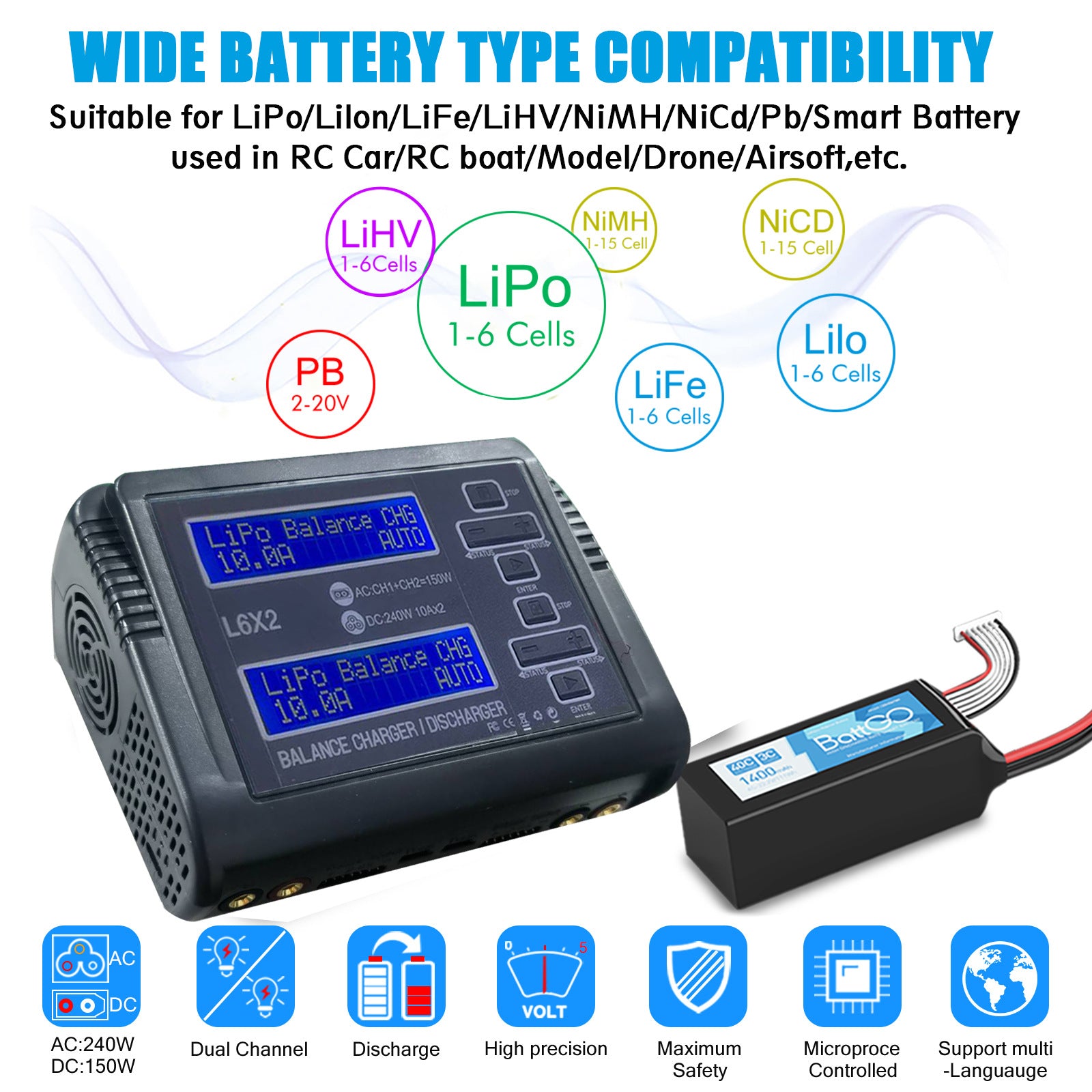 NOEIFEVO L6X2 Chargeur-Déchargeur Intelligent à Deux Canaux pour Batteries RC NiMH, NiCd, LiHV, Li-ion, Lipo, PB