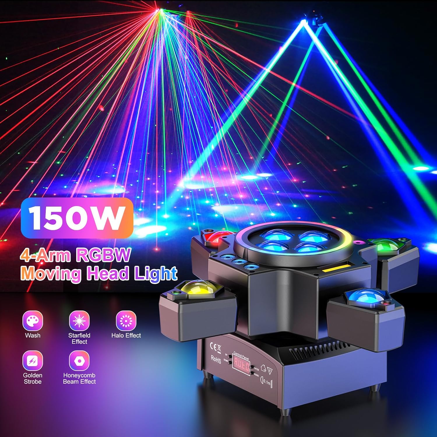 120W projecteur de scène 4-en-1 RGBW Moving Head, effet lumière laser, spot de fête avec télécommande pour disco, DJ, bar, anniversaire
