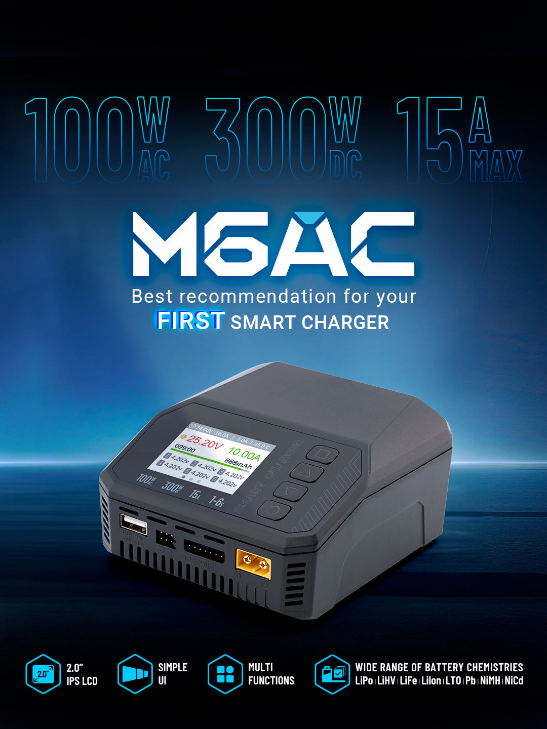 M6AC Chargeur intelligent à double canal, 100W AC/300W DC, chargeur d'équilibrage 15A pour batteries LiPo, LiHV, LiFe, Lion, NiMh, Pb, avec écran LCD IPS de 2,0''