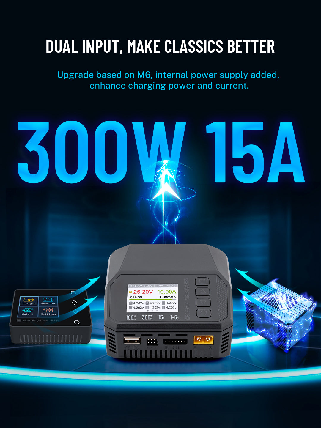 M6AC Chargeur intelligent à double canal, 100W AC/300W DC, chargeur d'équilibrage 15A pour batteries LiPo, LiHV, LiFe, Lion, NiMh, Pb, avec écran LCD IPS de 2,0''