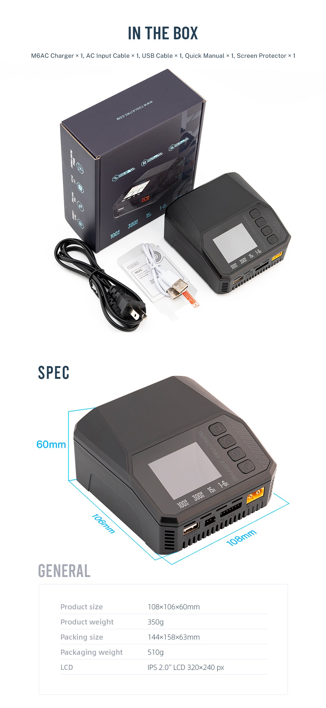 M6AC Dual-Channel-Smart-Ladegerät, 100W AC/300W DC, 15A Balance-Ladegerät für LiPo, LiHV, LiFe, Lion, NiMh, Pb Batterien, mit 2,0'' IPS-LCD-Display