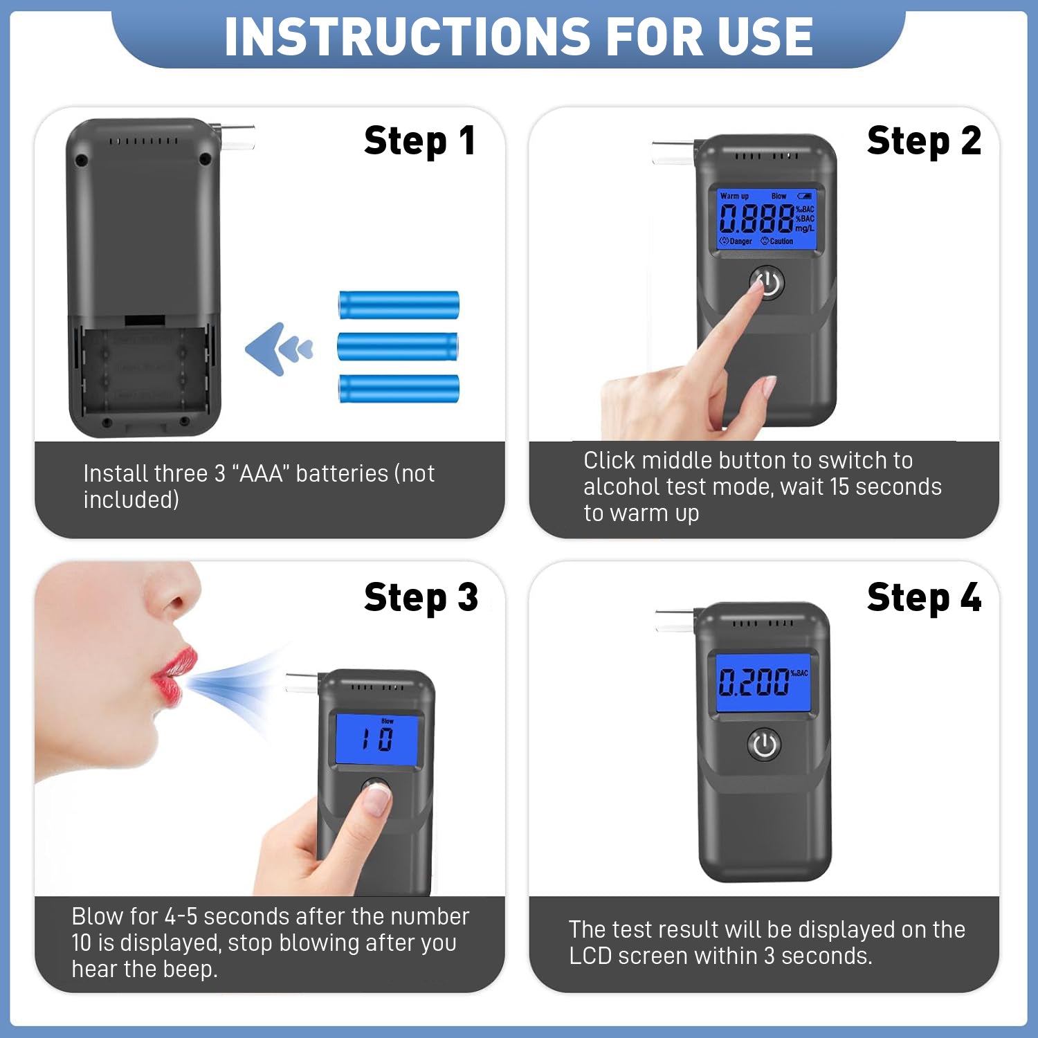 NOEIFEVO Testeur d'Alcool, Éthylotest Professionnel avec Écran LCD Bleu Digital, Testeur d'Alcool par Souffle avec Haute Précision pour Usage Personnel et Professionnel à Domicile.