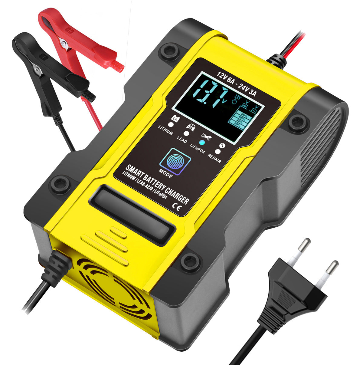 מטען סוללה לרכב ואופנוע 12V 6A / 24V 3A, מטען חכם רב-תכליתי לתיקון עם חיישן טמפרטורה עבור סוללות עופרת-חומצה, AGM, ג'ל, פריקה עמוקה, ליתיום ו-LiFePO4.