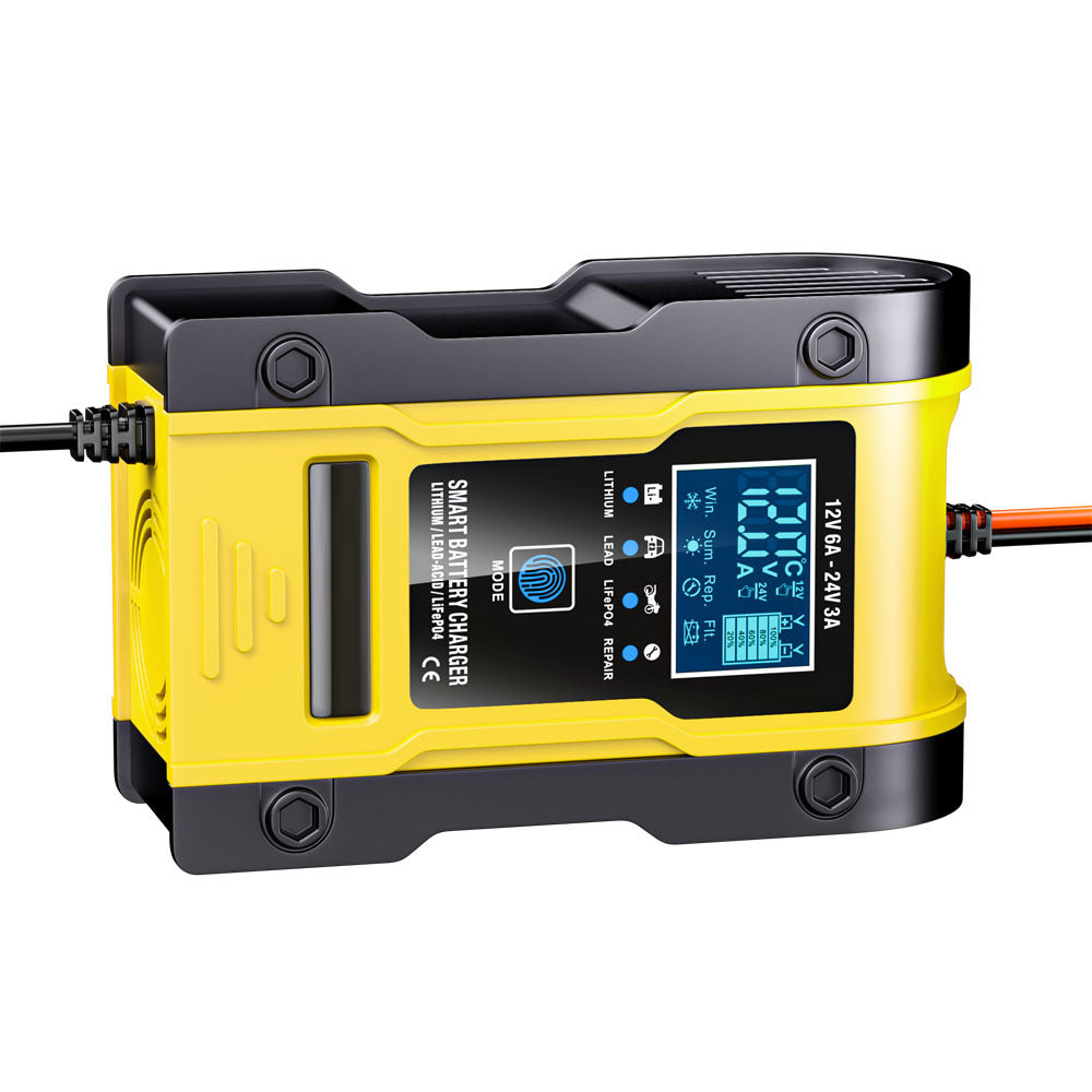 מטען סוללה לרכב ואופנוע 12V 6A / 24V 3A, מטען חכם רב-תכליתי לתיקון עם חיישן טמפרטורה עבור סוללות עופרת-חומצה, AGM, ג'ל, פריקה עמוקה, ליתיום ו-LiFePO4.