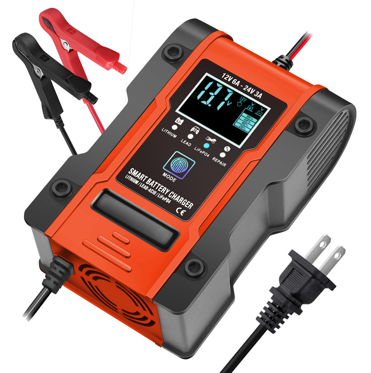 מטען סוללה לרכב ואופנוע 12V 6A / 24V 3A, מטען חכם רב-תכליתי לתיקון עם חיישן טמפרטורה עבור סוללות עופרת-חומצה, AGM, ג'ל, פריקה עמוקה, ליתיום ו-LiFePO4.