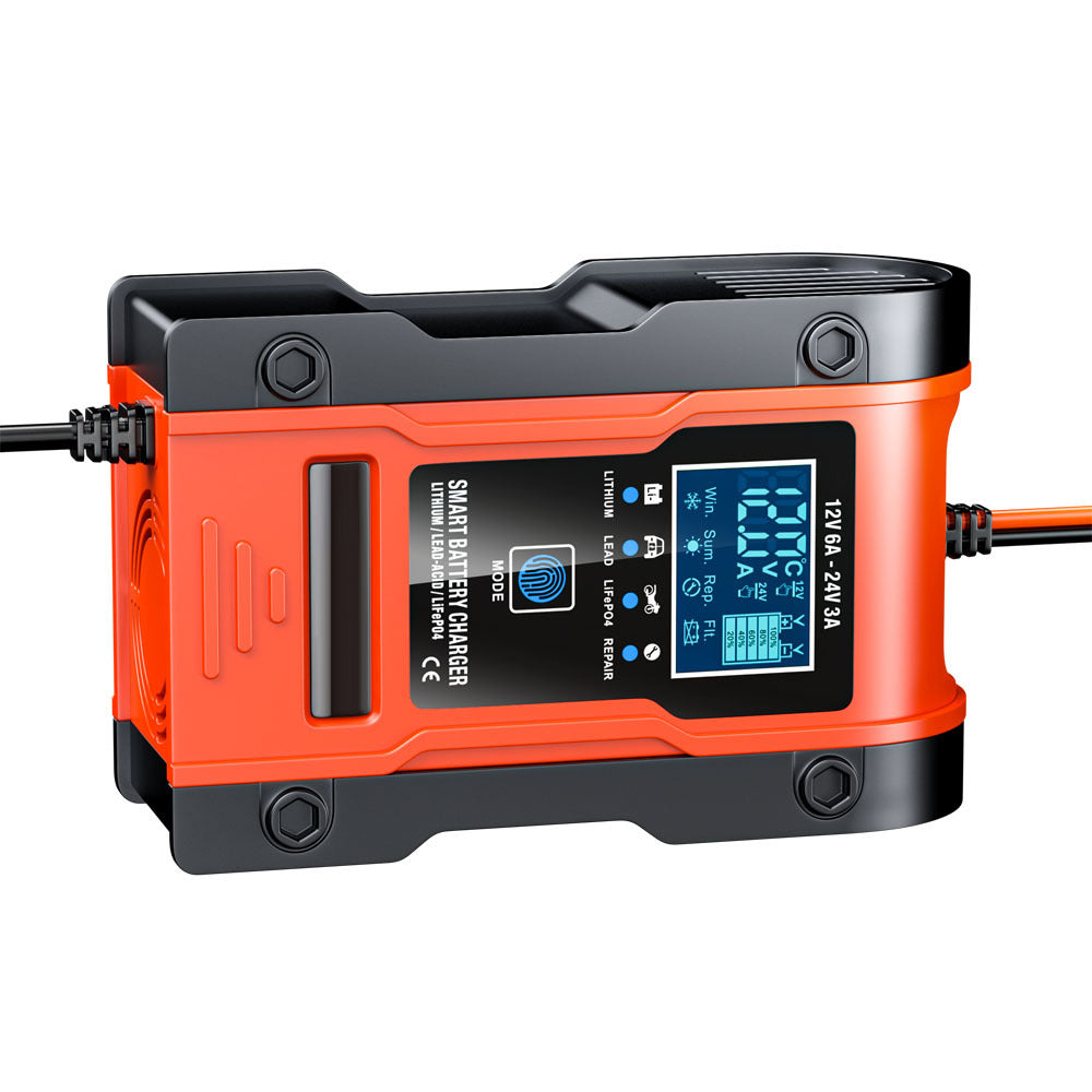 מטען סוללה לרכב ואופנוע 12V 6A / 24V 3A, מטען חכם רב-תכליתי לתיקון עם חיישן טמפרטורה עבור סוללות עופרת-חומצה, AGM, ג'ל, פריקה עמוקה, ליתיום ו-LiFePO4.