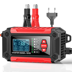 Cargador y comprobador de baterías de coche 2 en 1, cargador de baterías de 12V para plomo-ácido, AGM y LiFePO4, cargador de vehículos, comprobador inteligente de baterías para coches, camiones, motocicletas y cortacéspedes